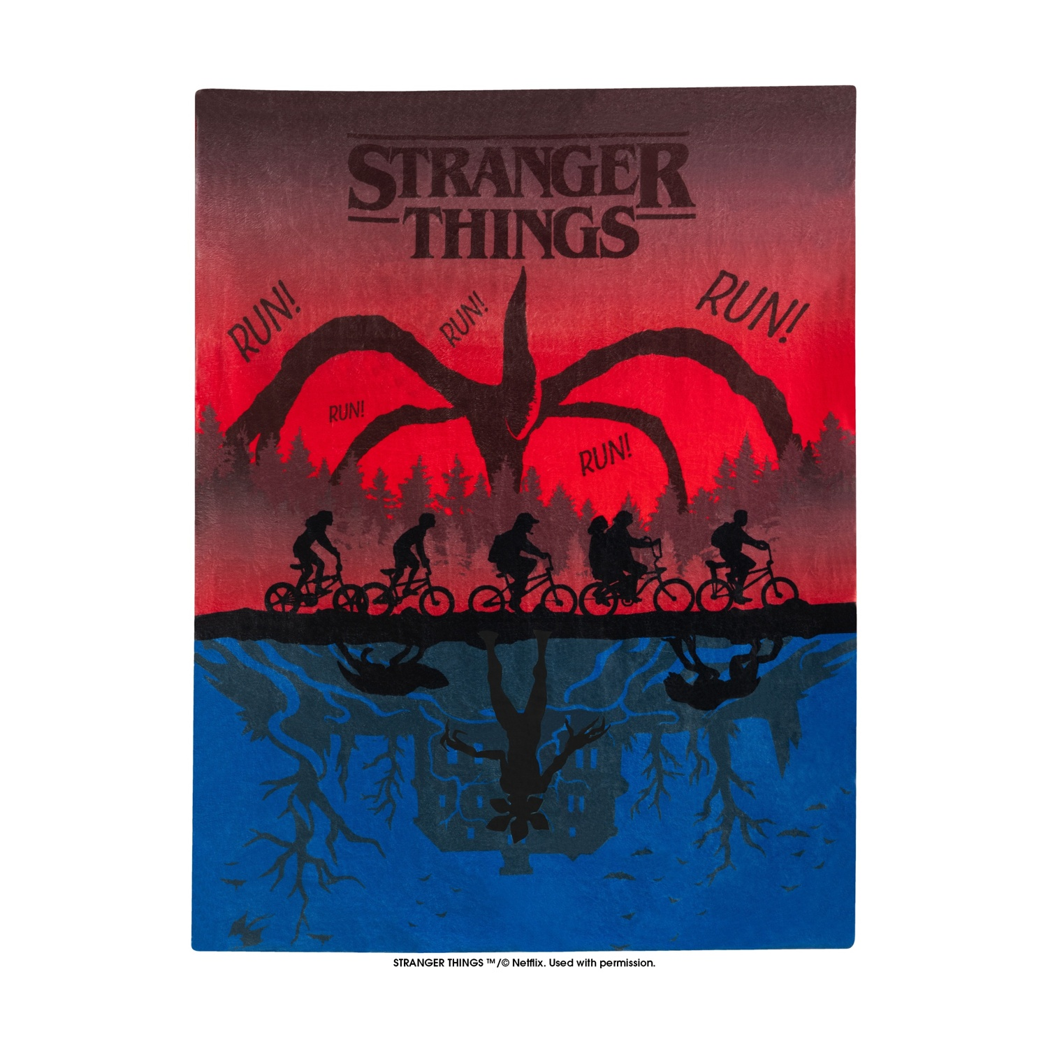 Poster di Stranger Things. Sagome di bambini in bici, un mostro e un mondo capovolto con la scritta "RUN!".