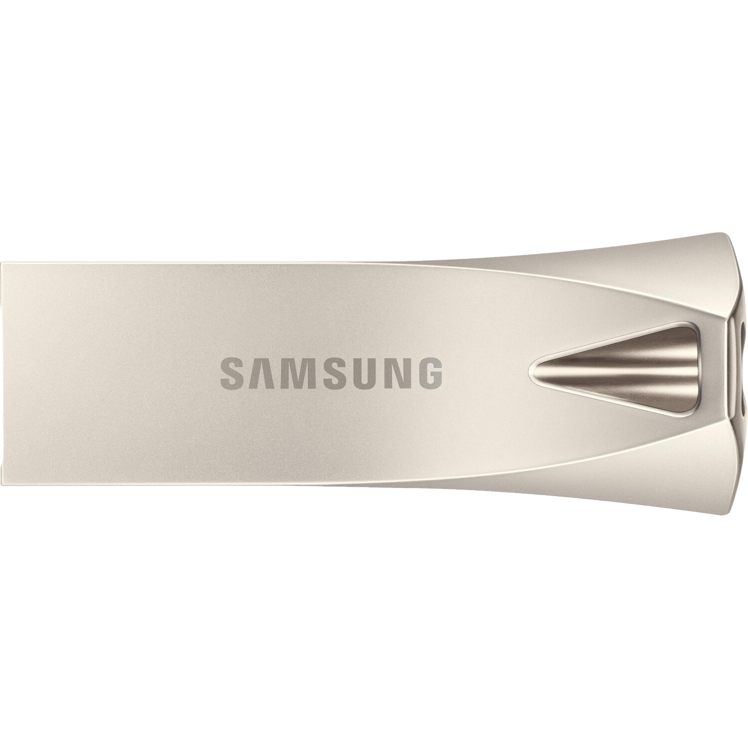 A silver Samsung USB flash drive. It has the brand name printed on the surface and a streamlined design.