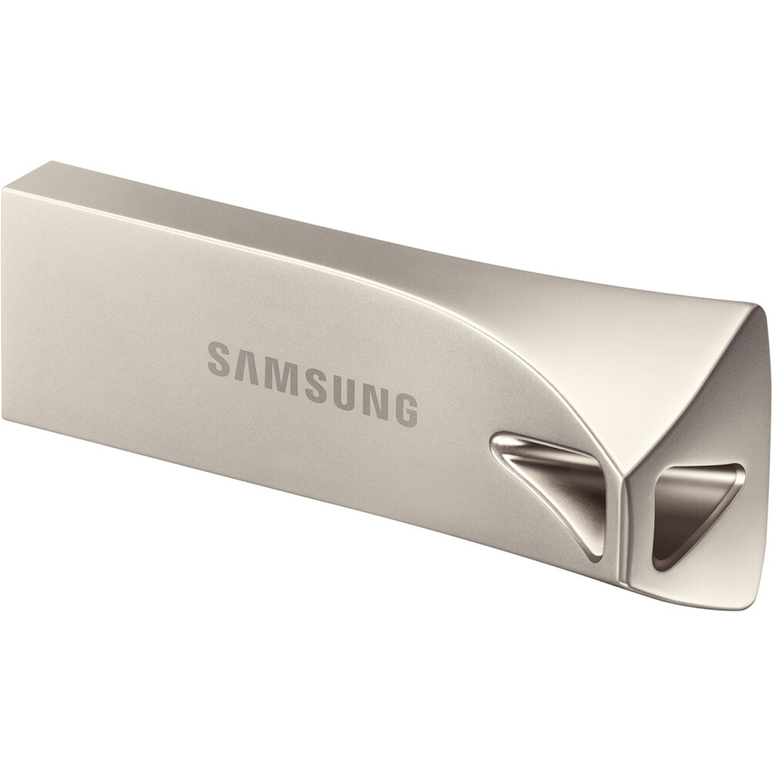 A silver Samsung USB flash drive. It has a curved design and the Samsung logo is visible.