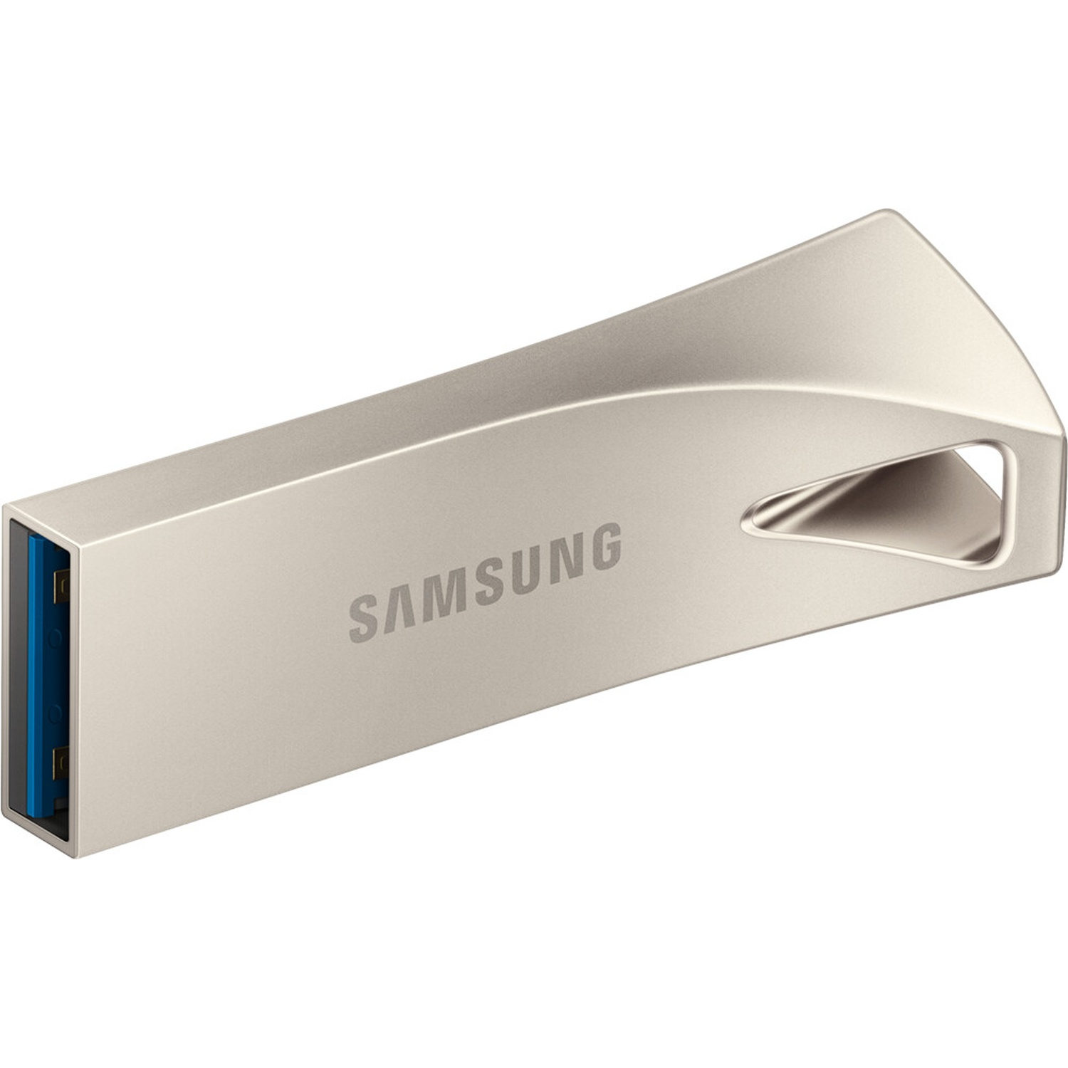 A silver Samsung USB flash drive is shown on a white background. The drive has a sleek design with the Samsung logo printed on it.