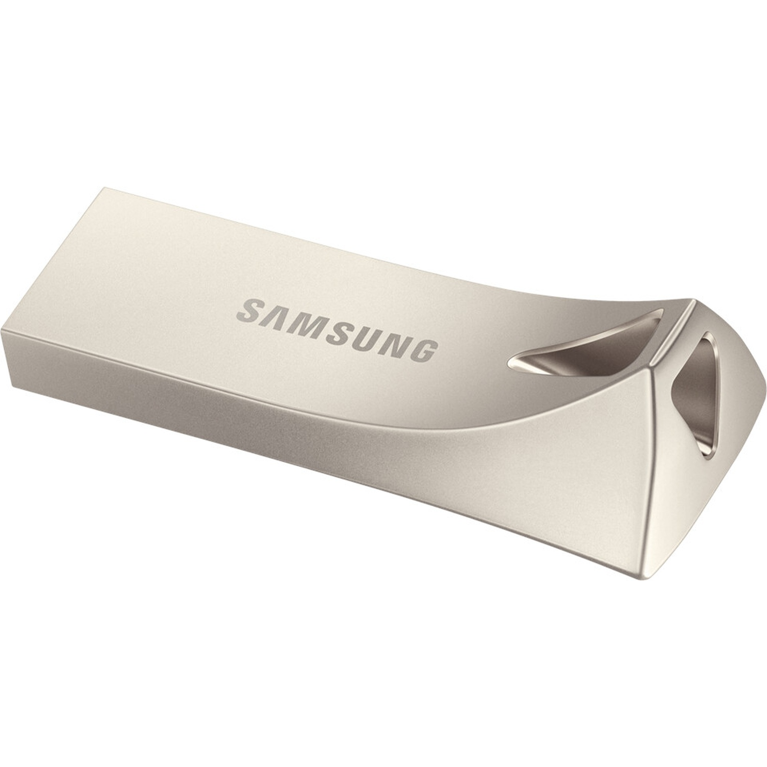 A silver Samsung USB drive is on a white background. The word Samsung is printed on the drive.
