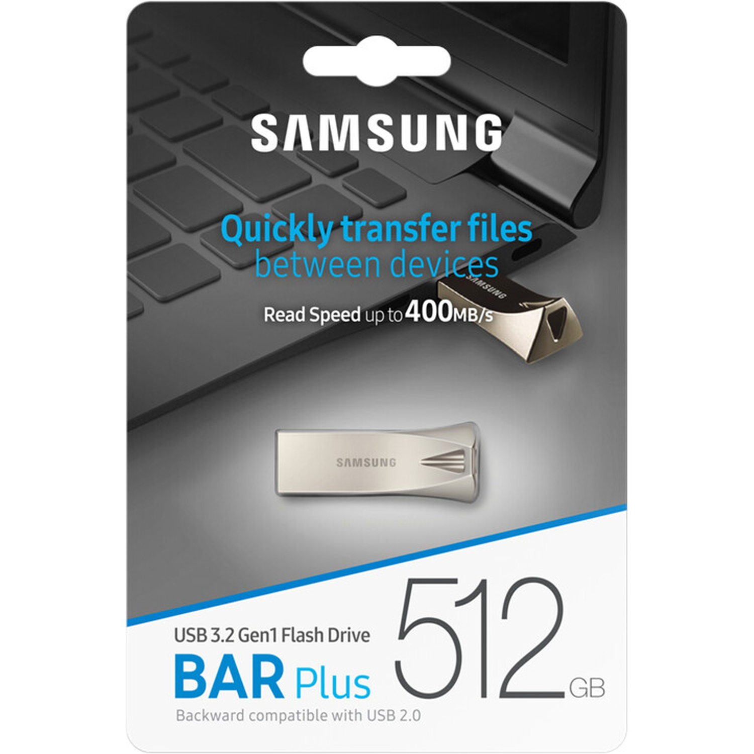 Samsung USB flash drive, silver color, inserted into a laptop. Text: Quickly transfer files, 512 GB, Bar Plus.