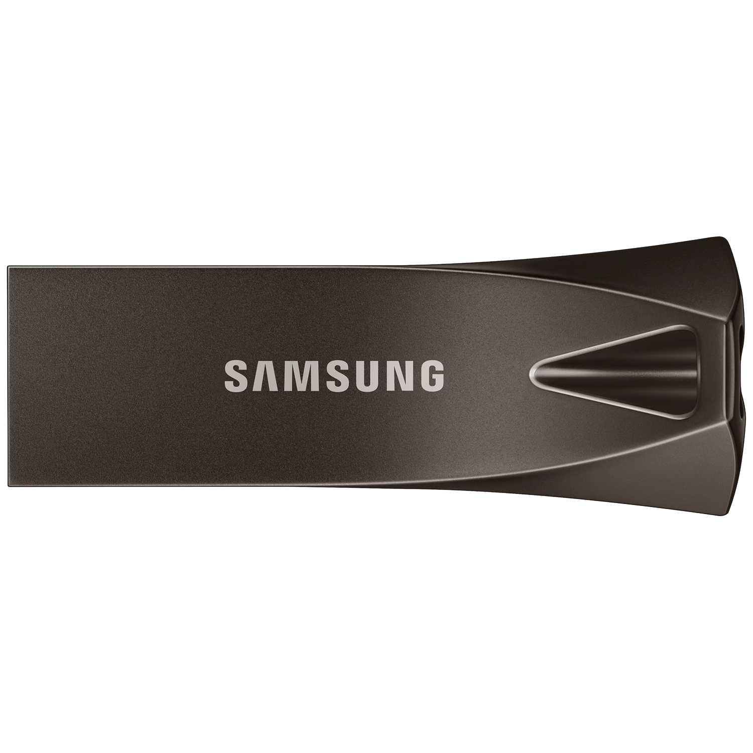 A Samsung USB flash drive. It is dark gray, with the brand name in white letters. The end has a curved design with a hole.