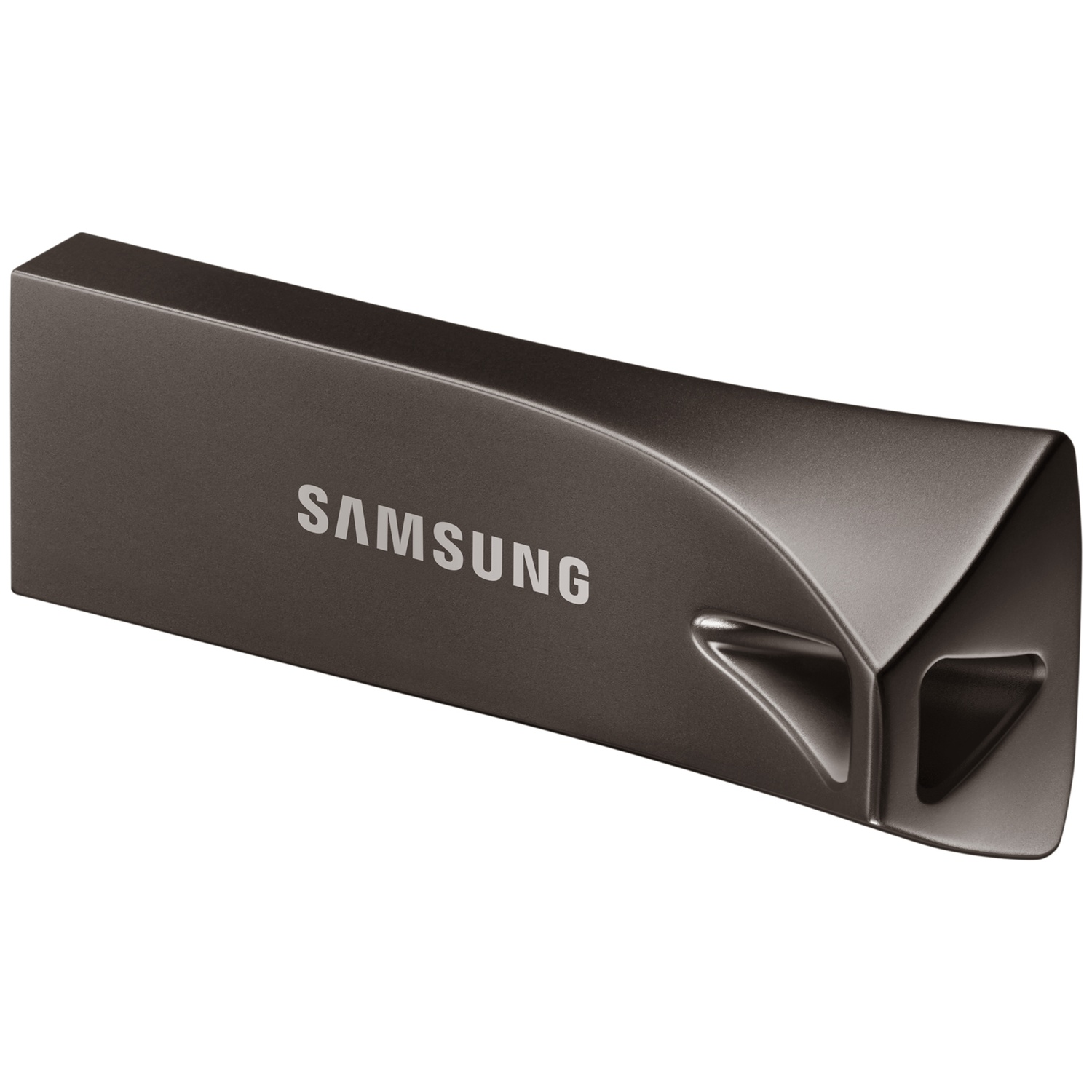 A metallic gray Samsung USB flash drive, angled with the brand name visible. It has a unique design with geometric cutouts.