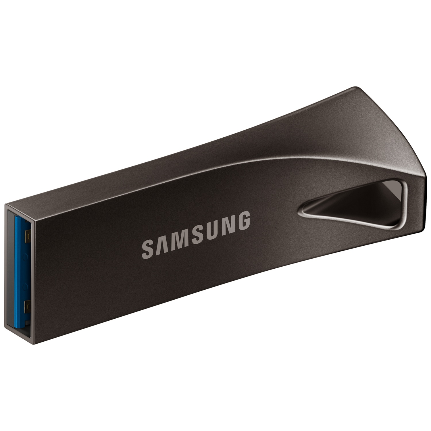 A Samsung USB flash drive. It is dark gray with the Samsung logo. The USB connector is blue.