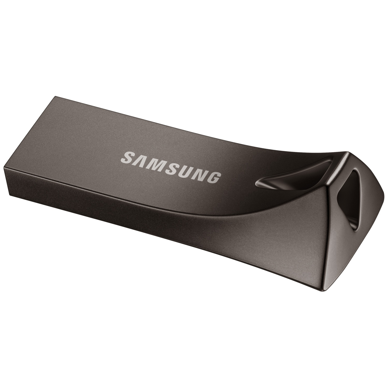 A dark gray Samsung USB drive. The word 'SAMSUNG' is printed in white. It has a curved design with a hole on one end.