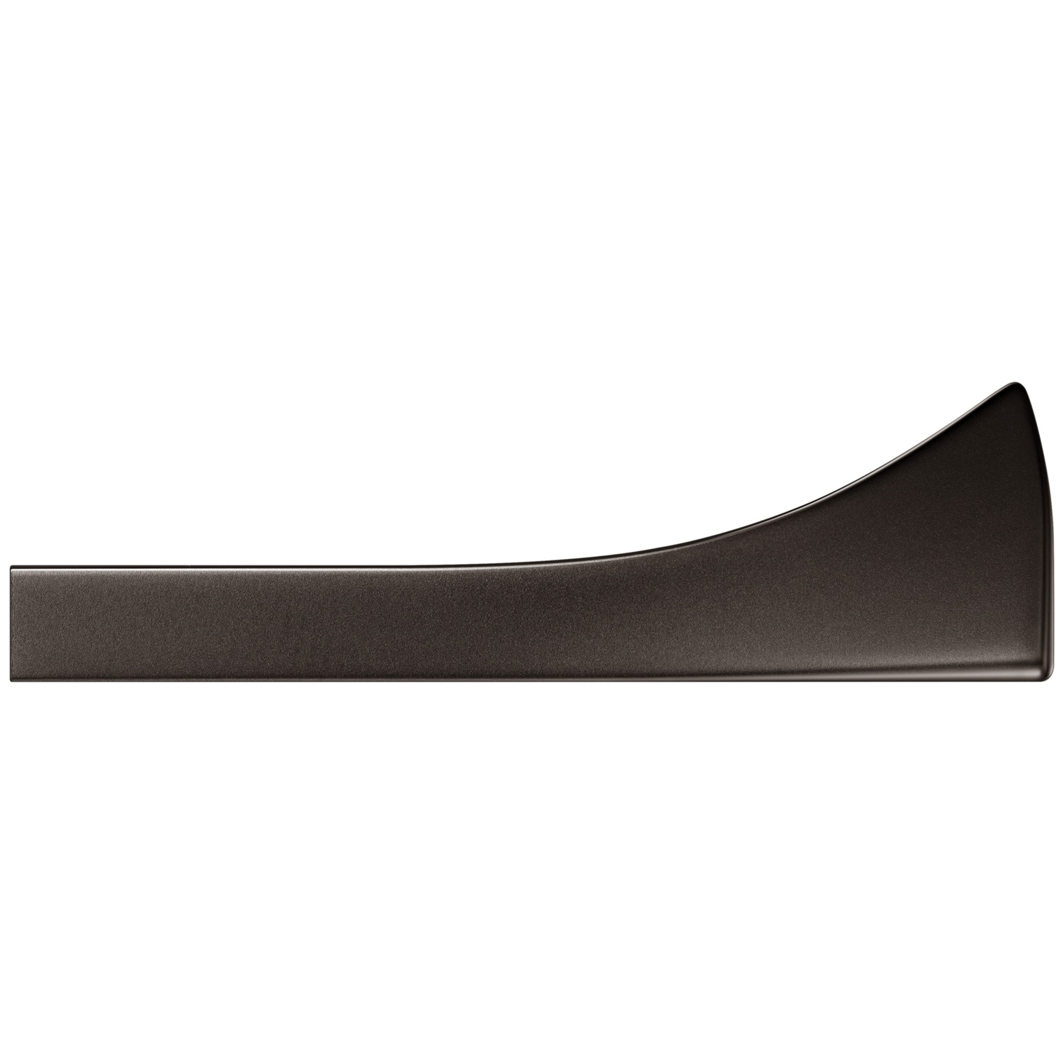 A curved, dark brown metallic bar against a white background. It has a slightly textured surface and a rounded end.