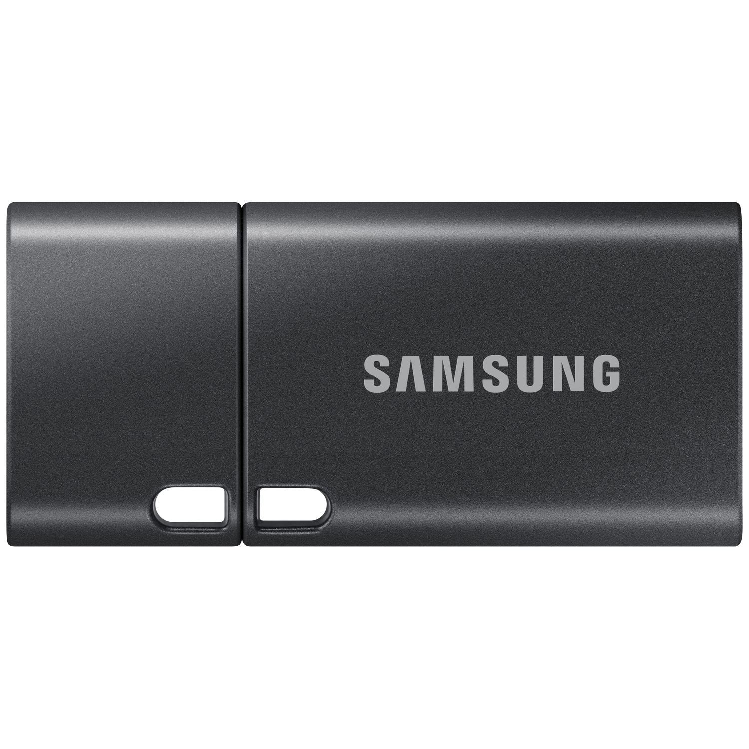 A black Samsung external SSD. The SSD has the word SAMSUNG in large, silver letters and two curved cutouts.