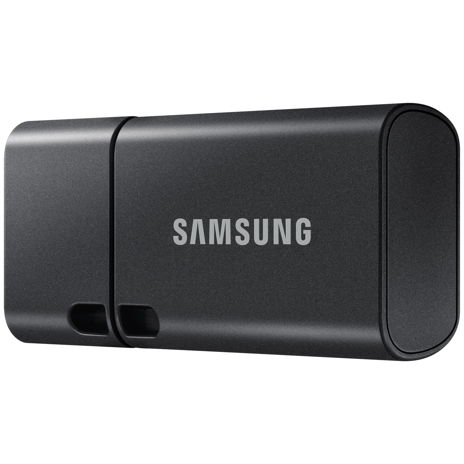 A black Samsung USB drive. The word SAMSUNG is printed in white. The drive is on a white background.