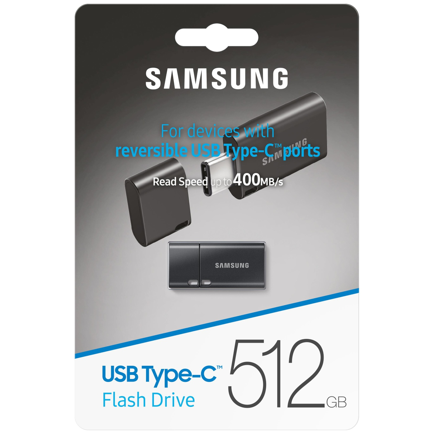 Samsung USB Type-C flash drive on packaging. Features include 512GB, up to 400MB/s read speed, and the Samsung logo.