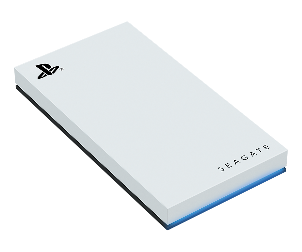 Un disco rigido esterno Seagate bianco con il logo PlayStation. Ha un bordo nero e una luce blu in basso.