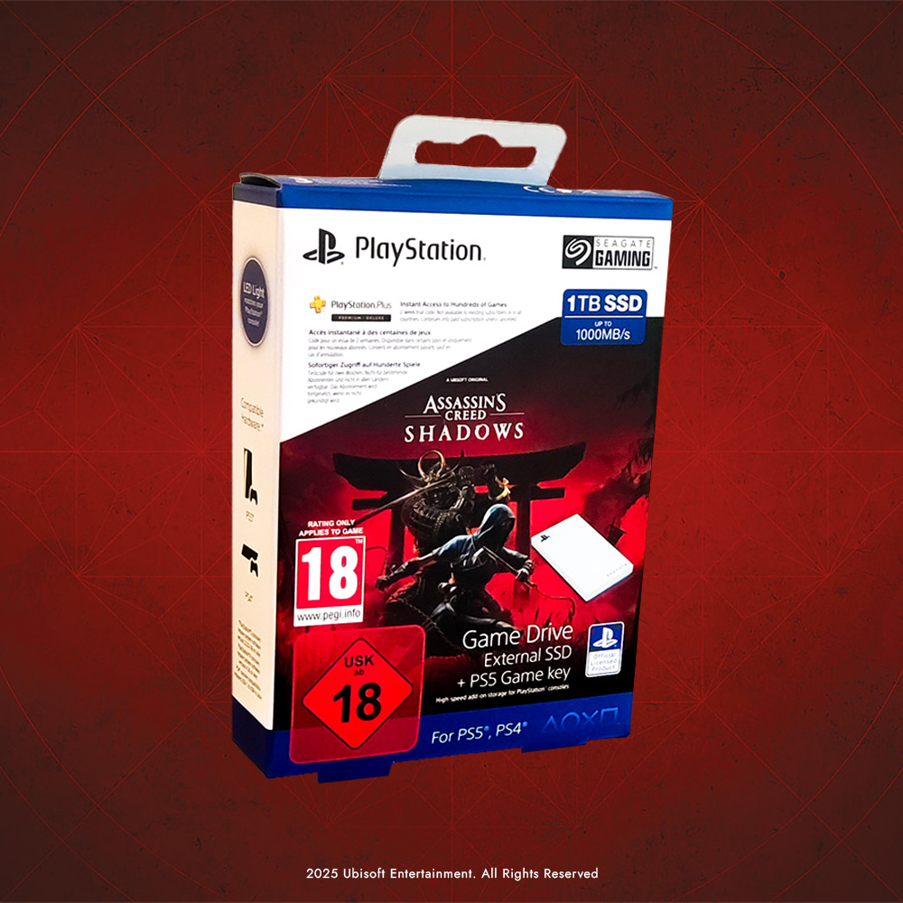 Scatola per l'unità di gioco Assassin's Creed Shadows, con logo PlayStation, Seagate Gaming, classificazione 18 e SSD bianco.