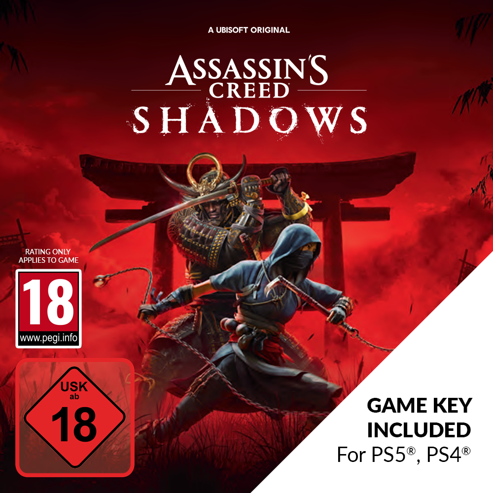 Copertina di Assassin's Creed Shadows. Samurai e ninja in posa di combattimento, su sfondo rosso. Chiave di gioco inclusa.