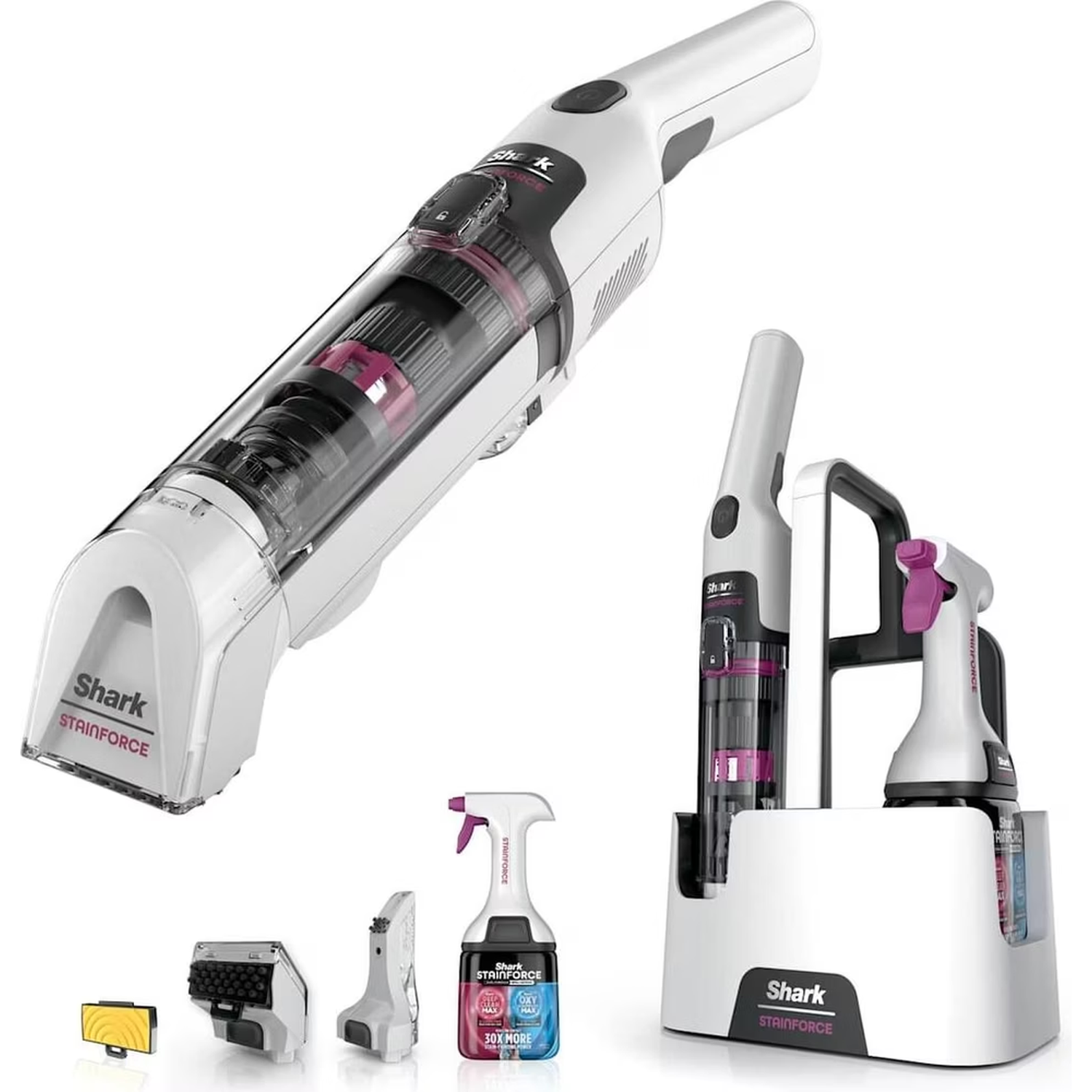 A white Shark Stainforce vacuum cleaner with accessories. Includes a handheld vacuum, spray bottle, and various cleaning attachments.