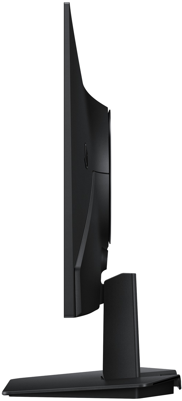 Egy fekete számítógép monitor oldalsó nézete. A képernyő vékony, állvánnyal és talppal.