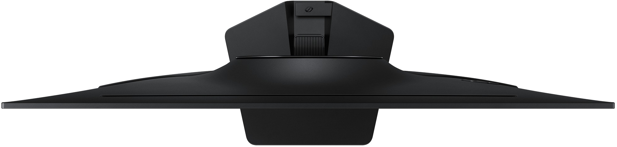 Fekete számítógép-monitor állvány felülnézete. Széles, középső tartóval és szögletes háttal rendelkezik.