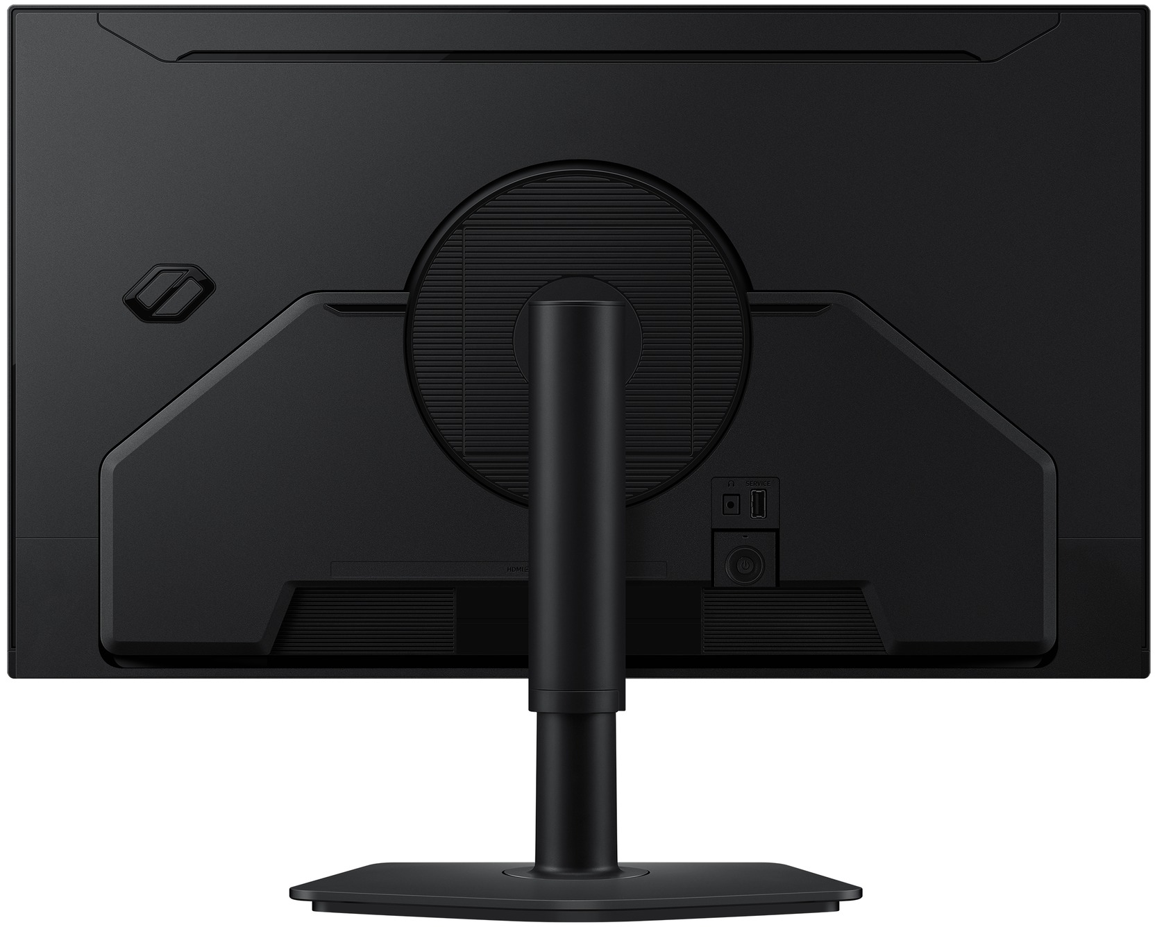 Egy fekete számítógép monitor hátulja. Van állványa, portjai és egy logója. A design letisztult, szögekkel és ívekkel.