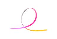Une bande lumineuse LED flexible et colorée en forme incurvée. Les couleurs varient du rose au jaune, sur fond blanc.
