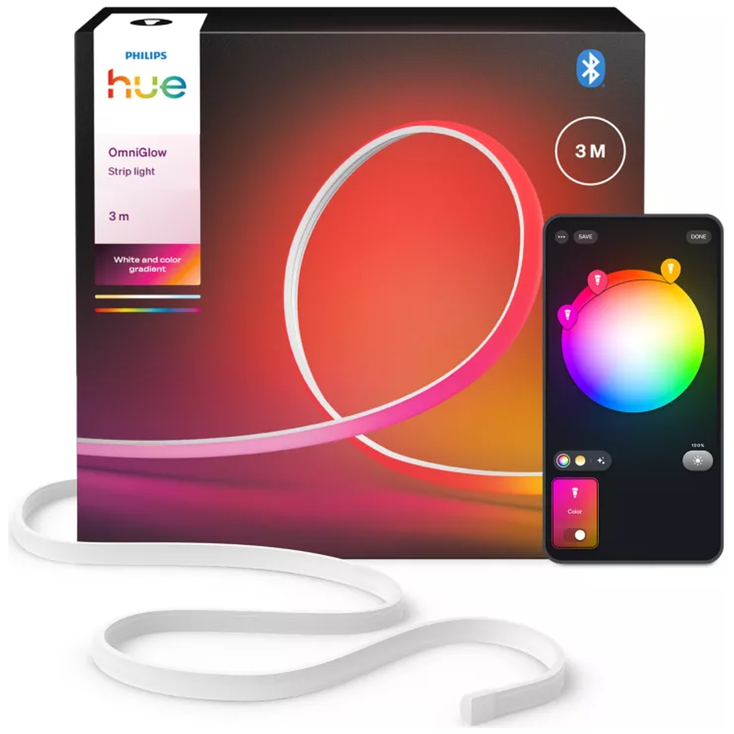 Philips Hue OmniGlow lichtstrip met doos en telefoon met kleurregeling. Witte lichtstrip voor. Verloop achtergrond.