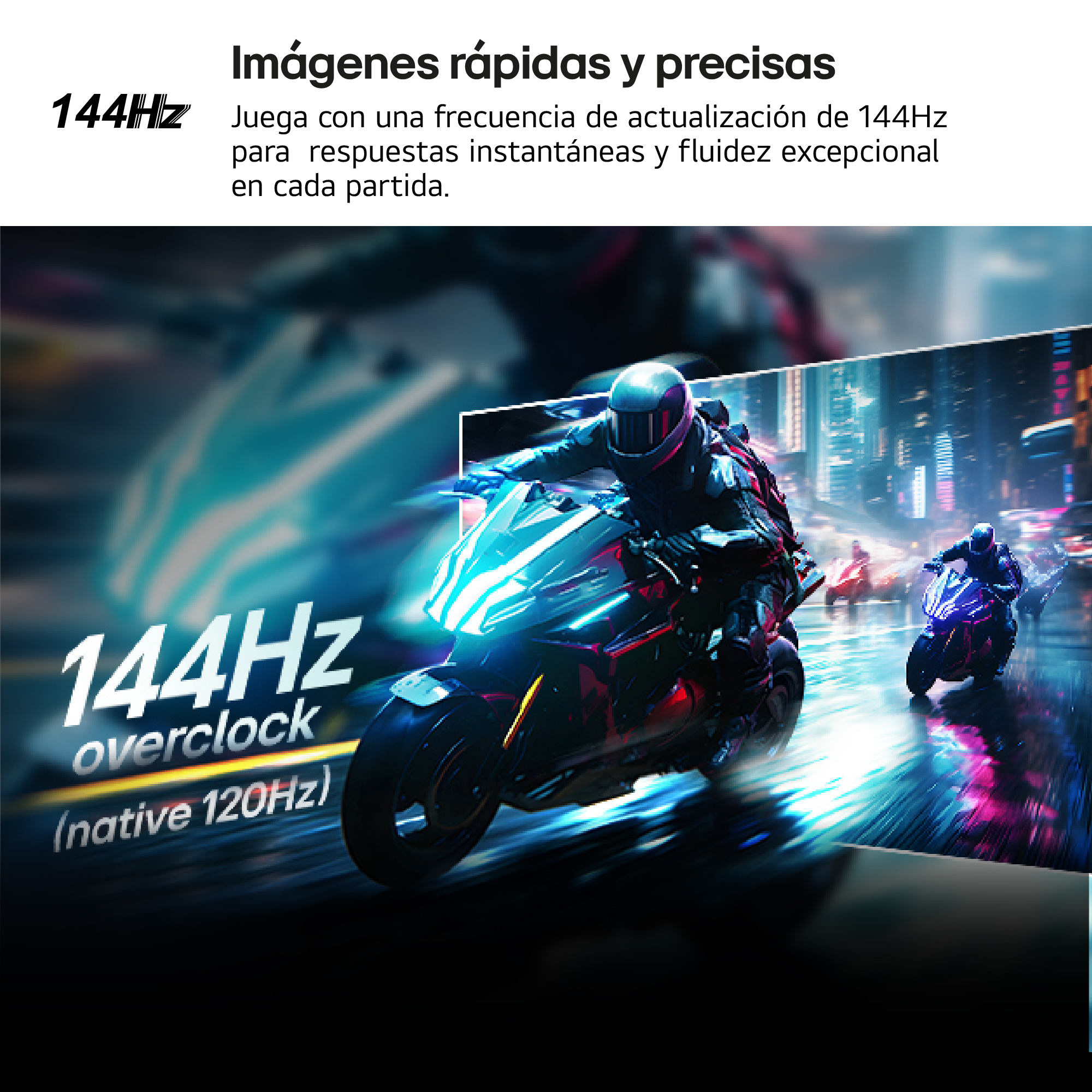 Imagen muestra una moto futurista corriendo en una ciudad de noche, con luces de neón y un texto de overclock de 144Hz.