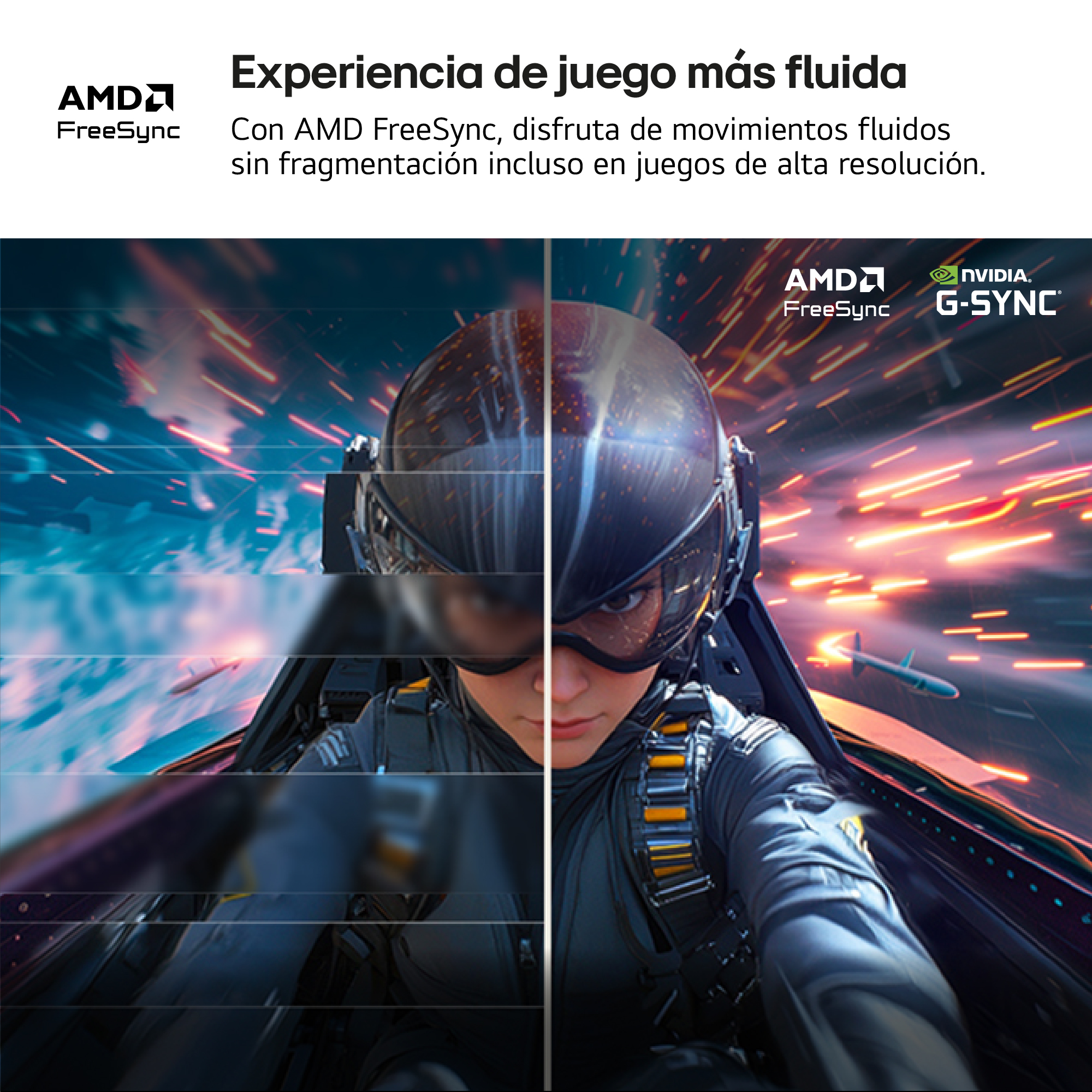 Imagen muestra un piloto en una cabina, pantalla dividida. Logotipos AMD FreeSync y Nvidia G-Sync en la parte superior.