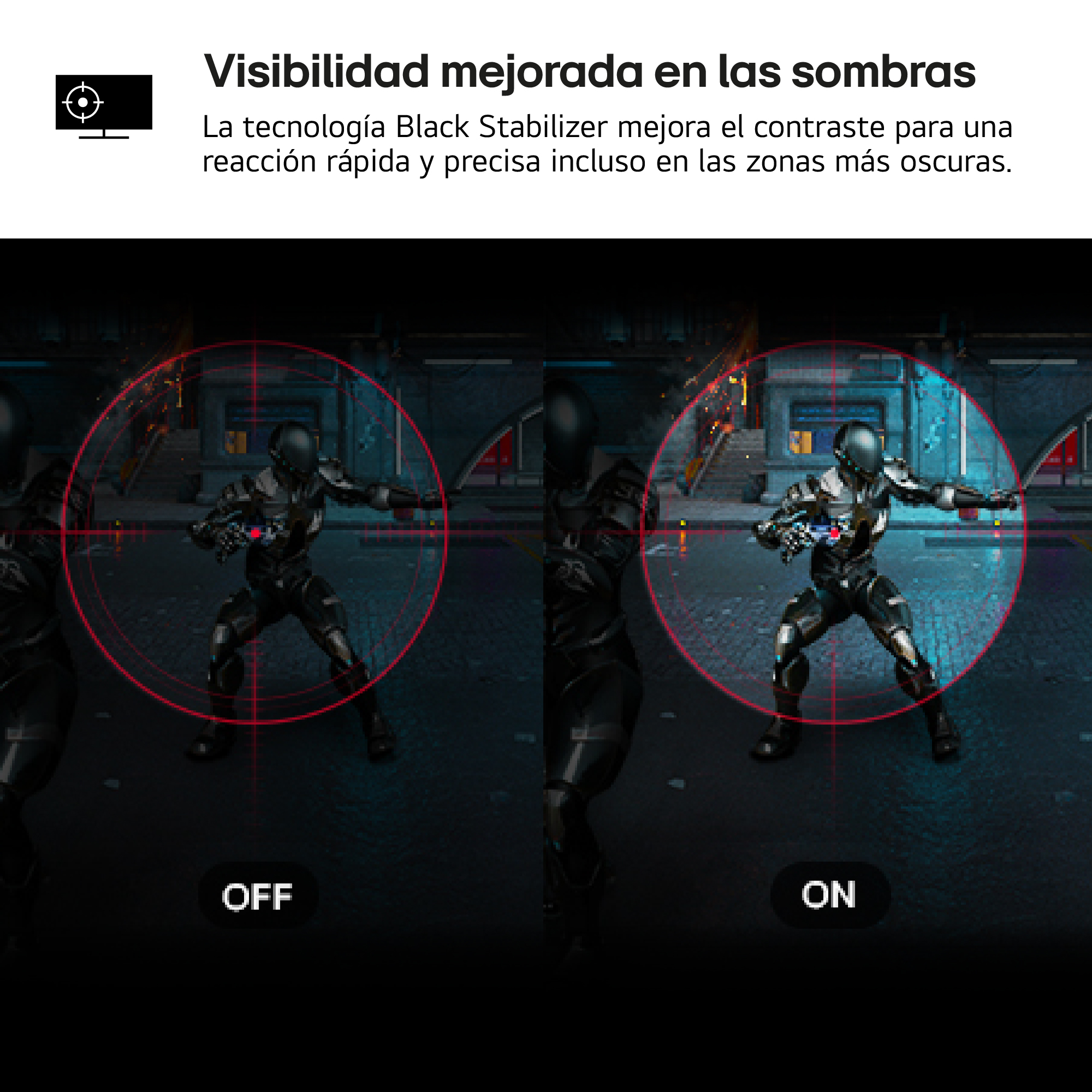 La imagen muestra una comparación de una escena de juego con las funciones 'off' y 'on'. Un soldado está en un círculo rojo.