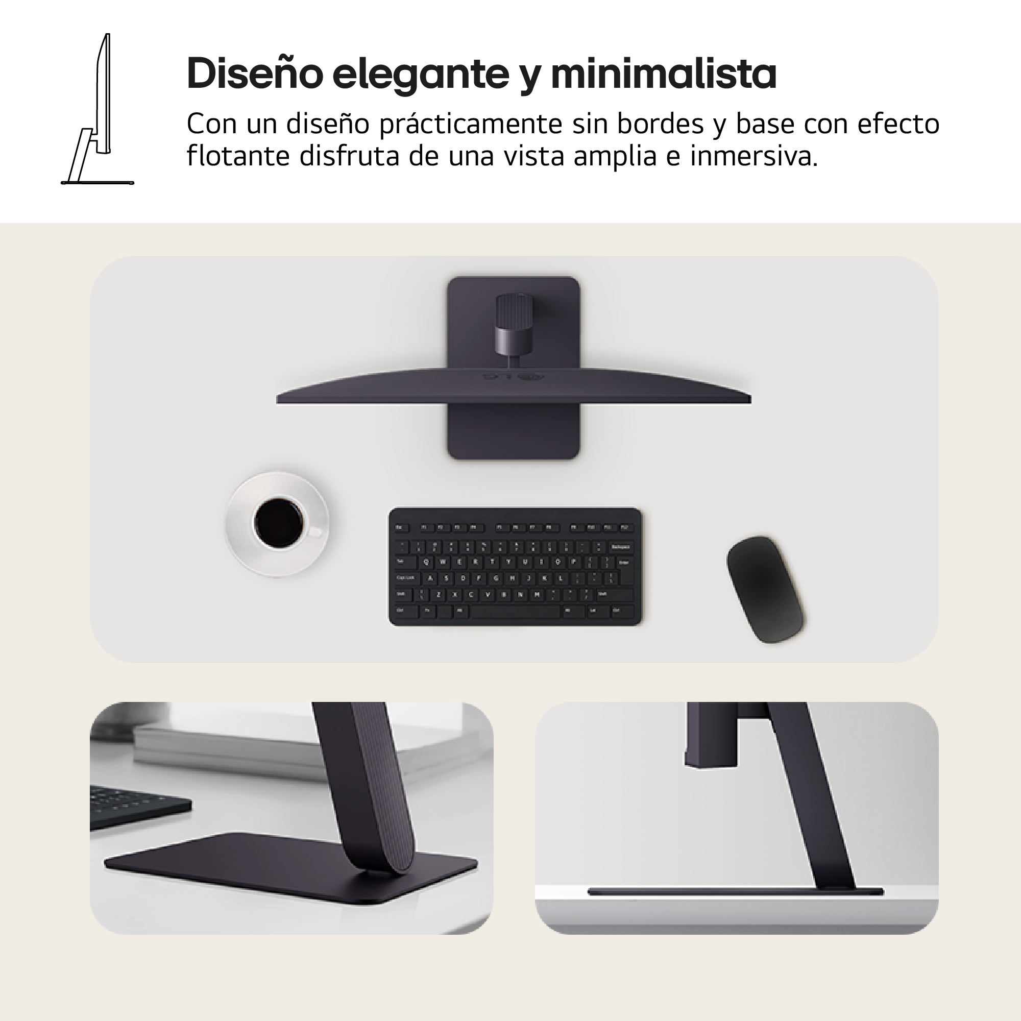 Espacio de trabajo minimalista con monitor, teclado, ratón y taza de café sobre superficie blanca.
