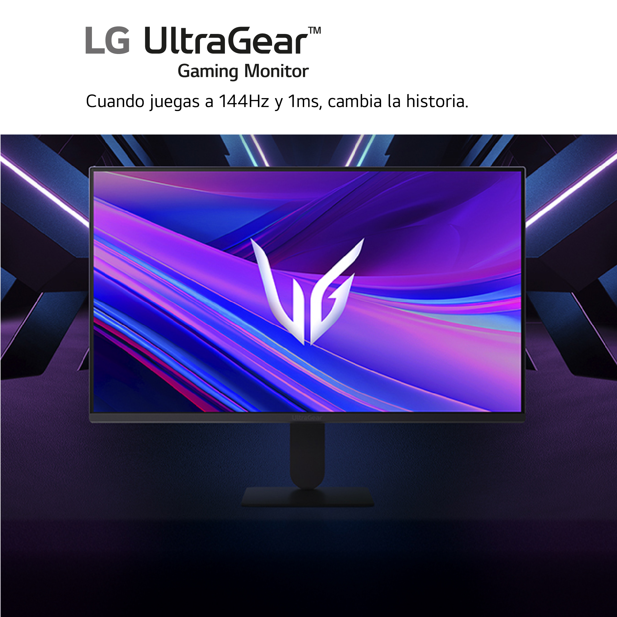 Monitor gaming LG UltraGear. Pantalla con imagen abstracta y colorida. Soporte negro y fondo con el logo LG.