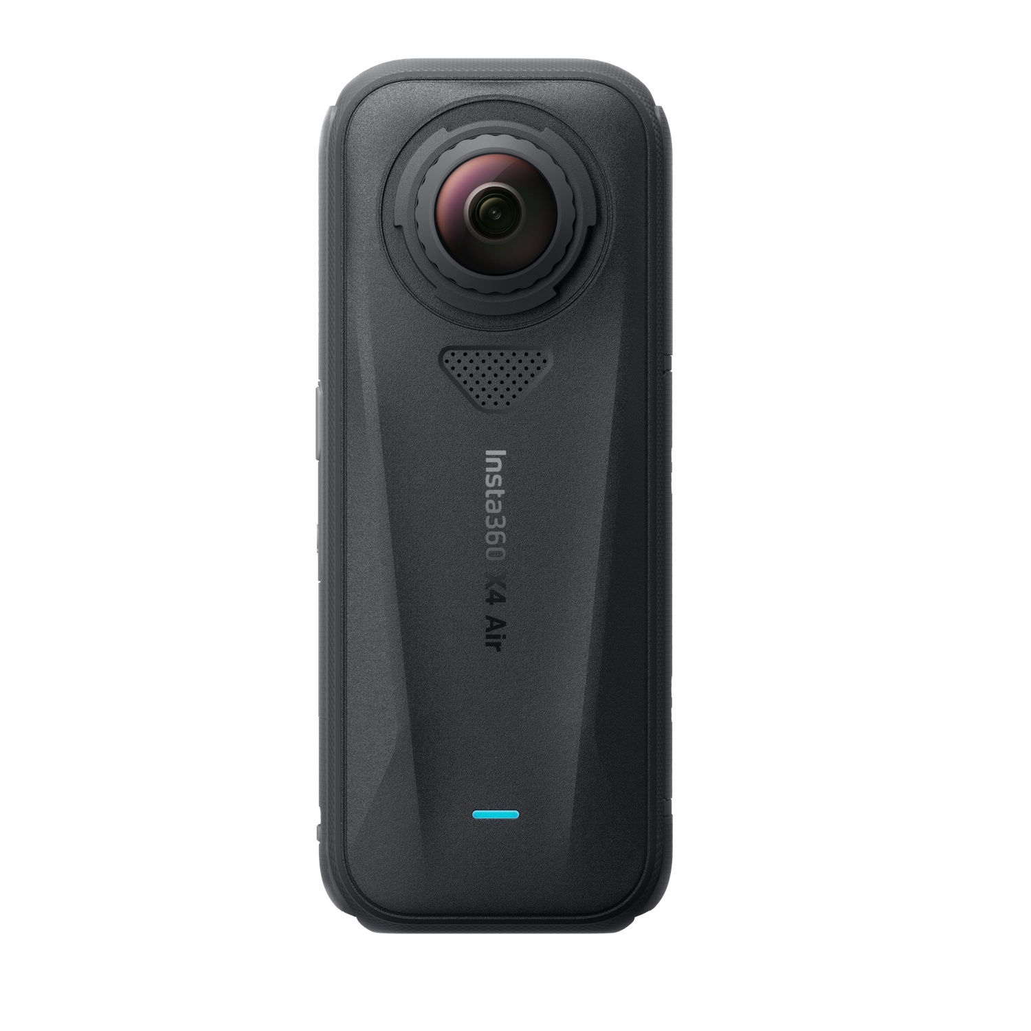 Une caméra noire Insta360 X4 Air avec un objectif, un haut-parleur et un voyant lumineux est montrée. Le texte Insta360 X4 Air est visible.