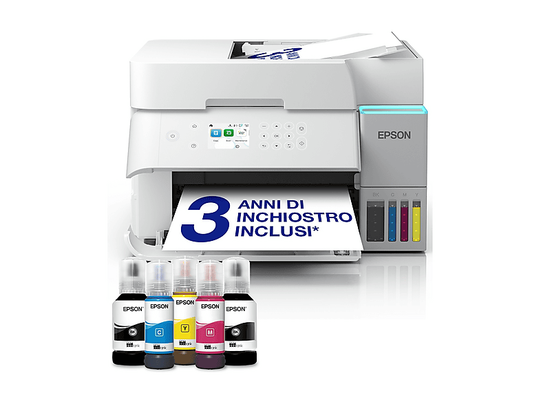 Stampante Inkjet Multifunzione 3 in 1 a colori EPSON EcoTank ET-3956, A4, Fronte retro automatico, Ethernet, WiFi, Bianca
