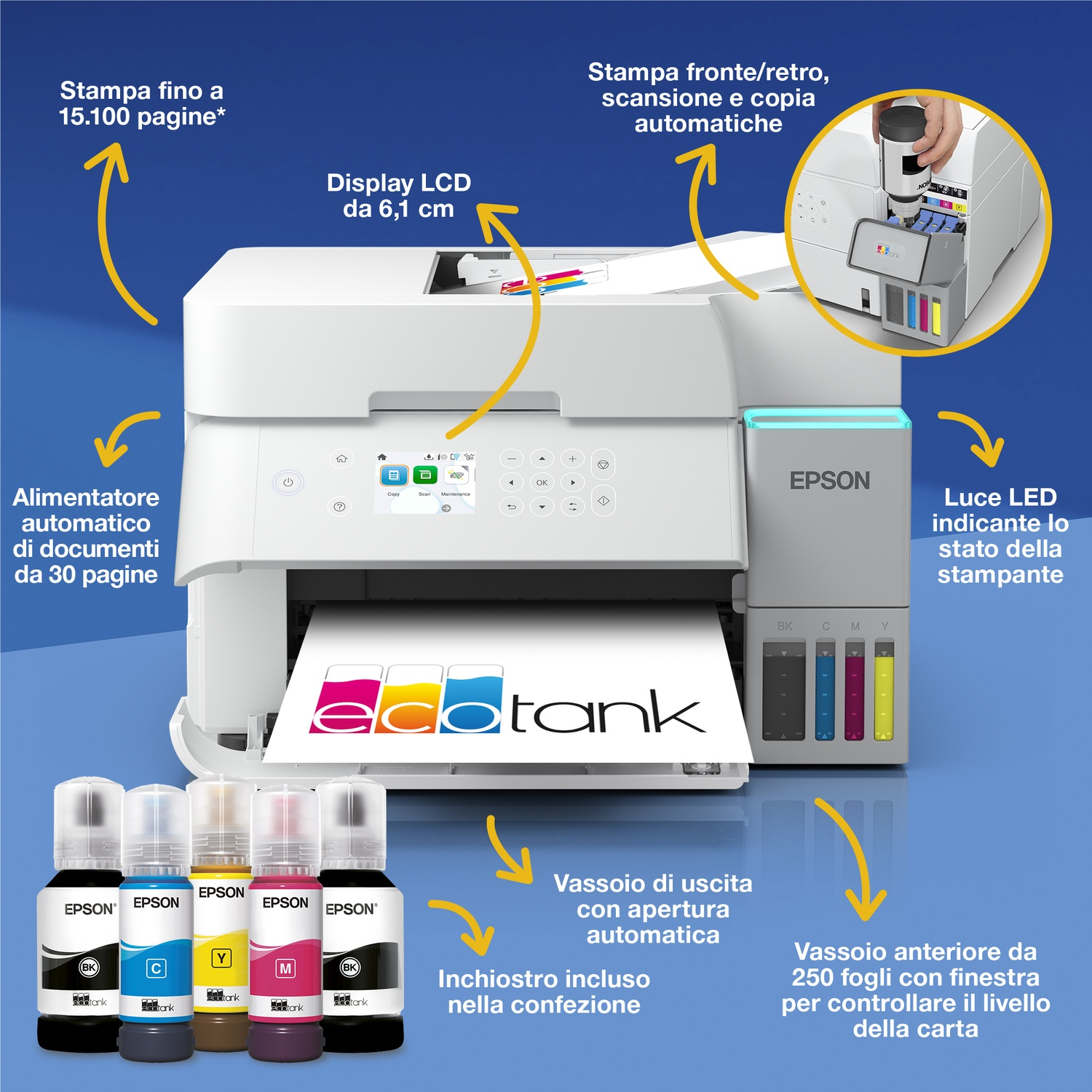 Stampante Epson ecotank bianca con flaconi di inchiostro, schermo LCD e vassoio carta. Include alimentatore automatico e serbatoi d'inchiostro.