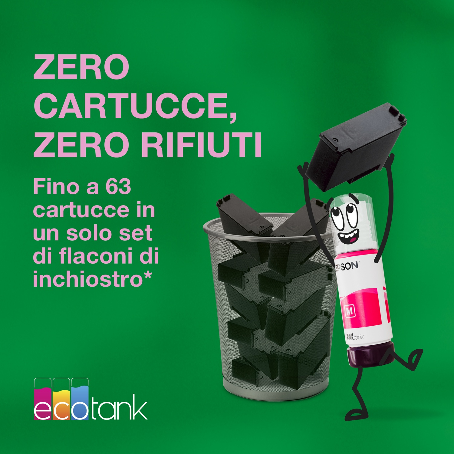 Un personaggio di una bottiglia di inchiostro Epson getta cartucce della stampante in un cestino. Testo: Zero cartucce, zero rifiuti. Sfondo verde.