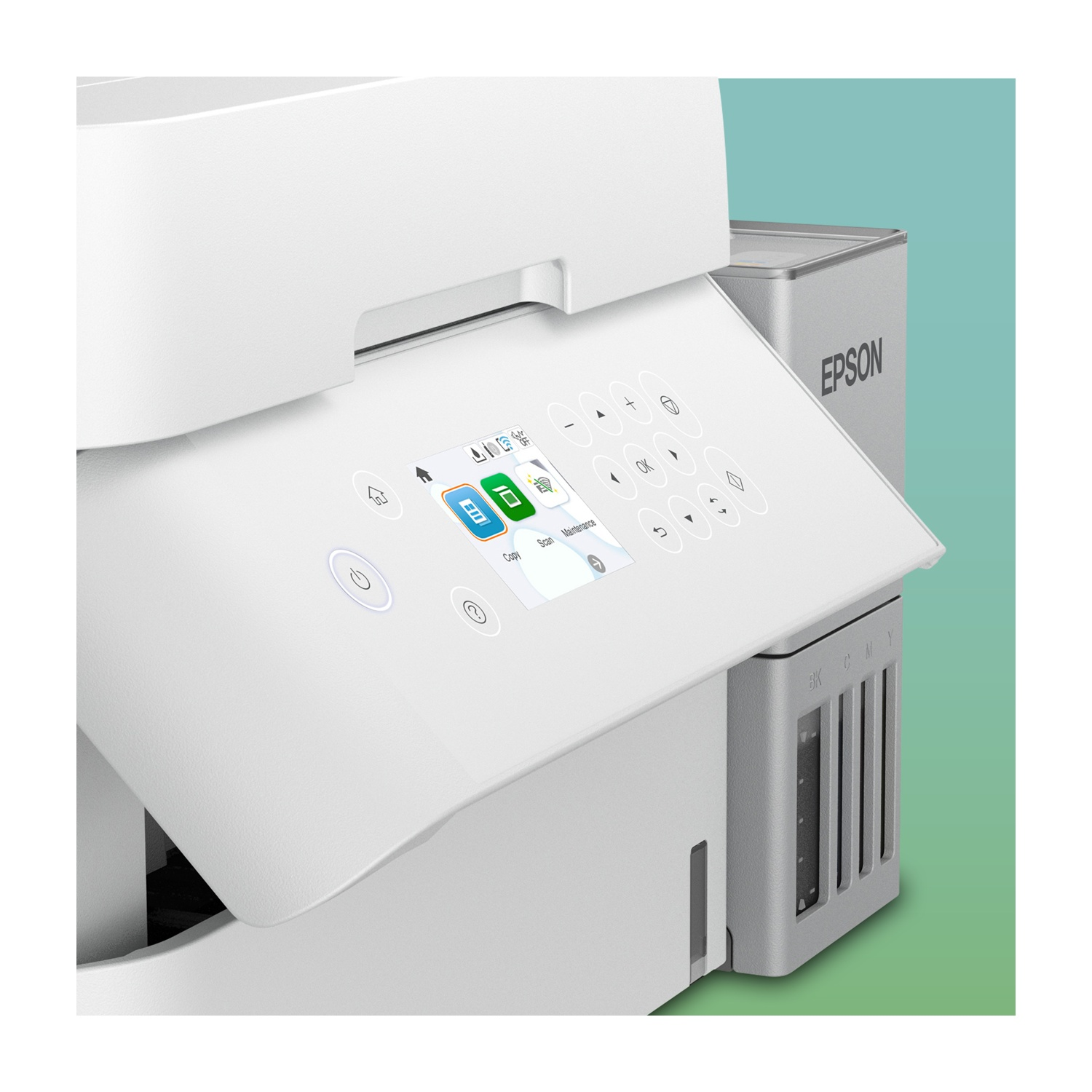 Una stampante Epson bianca e grigia. Il pannello di controllo è illuminato e ha pulsanti e uno schermo. La stampante è su sfondo verde.