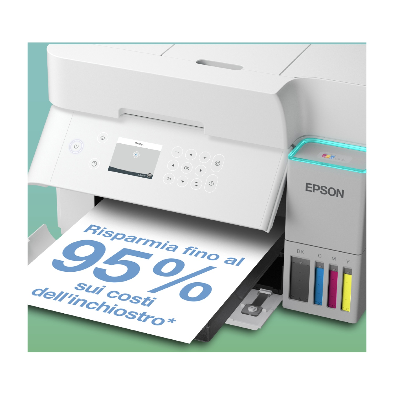 Una stampante Epson bianca stampa un foglio con 'Risparmia fino al 95% sui costi dell'inchiostro'. Serbatoi d'inchiostro a destra.
