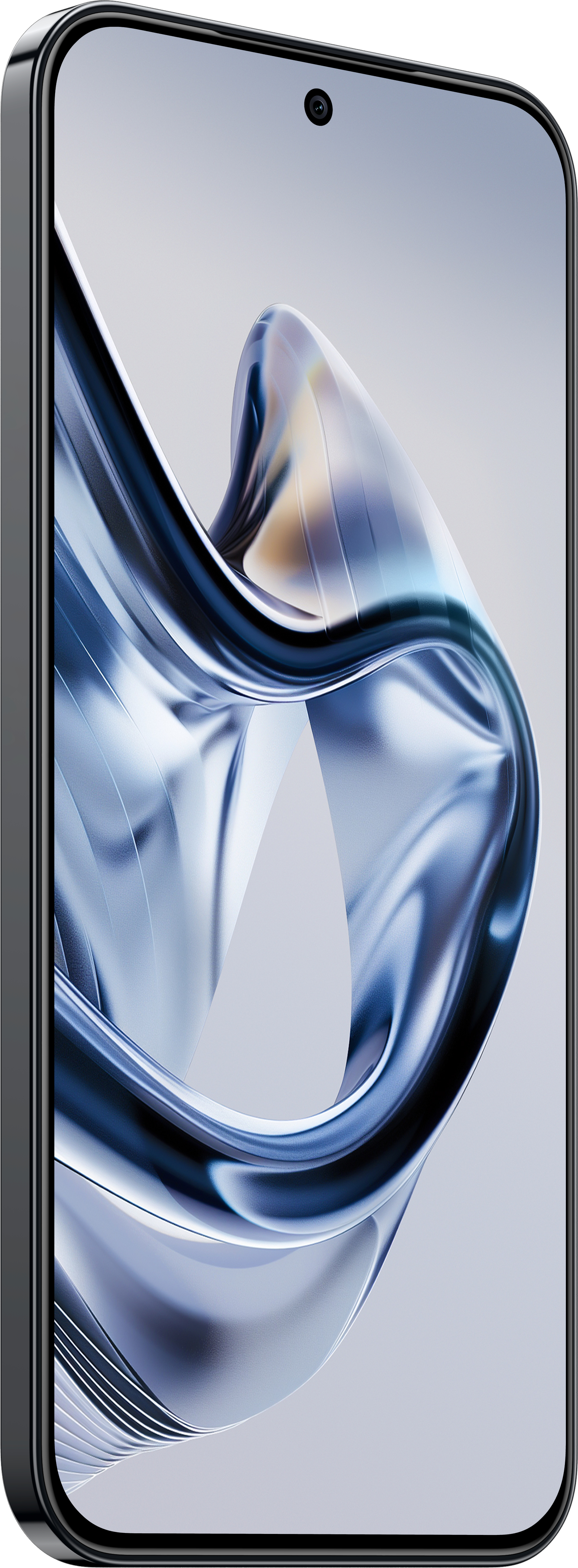 Ein Smartphone-Bildschirm zeigt abstrakte blaue und weiße Formen. Ein schwarzer Rahmen umgibt den Bildschirm. Oben befindet sich eine Kamera.