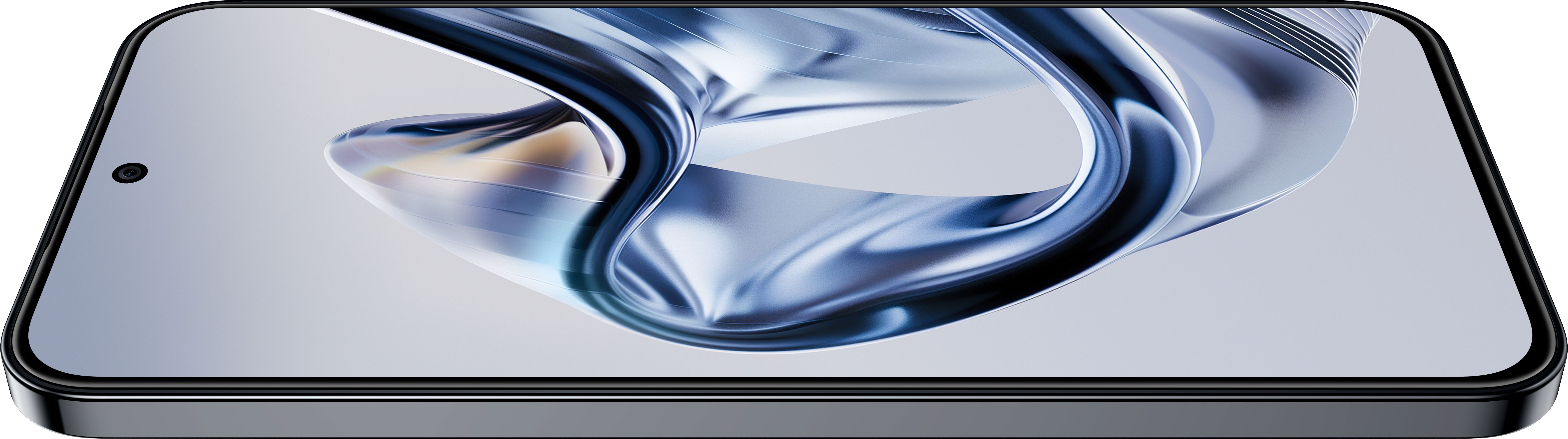 Ein Smartphone mit schwarzem Rahmen. Der Bildschirm zeigt ein blaues und weißes abstraktes Design.
