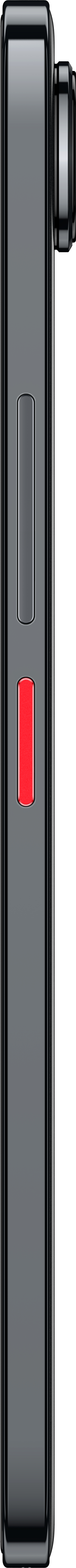 Seitenansicht eines schwarzen Smartphones. Es hat eine Ein-/Aus-Taste, eine Lautstärkewippe und eine rote Taste.