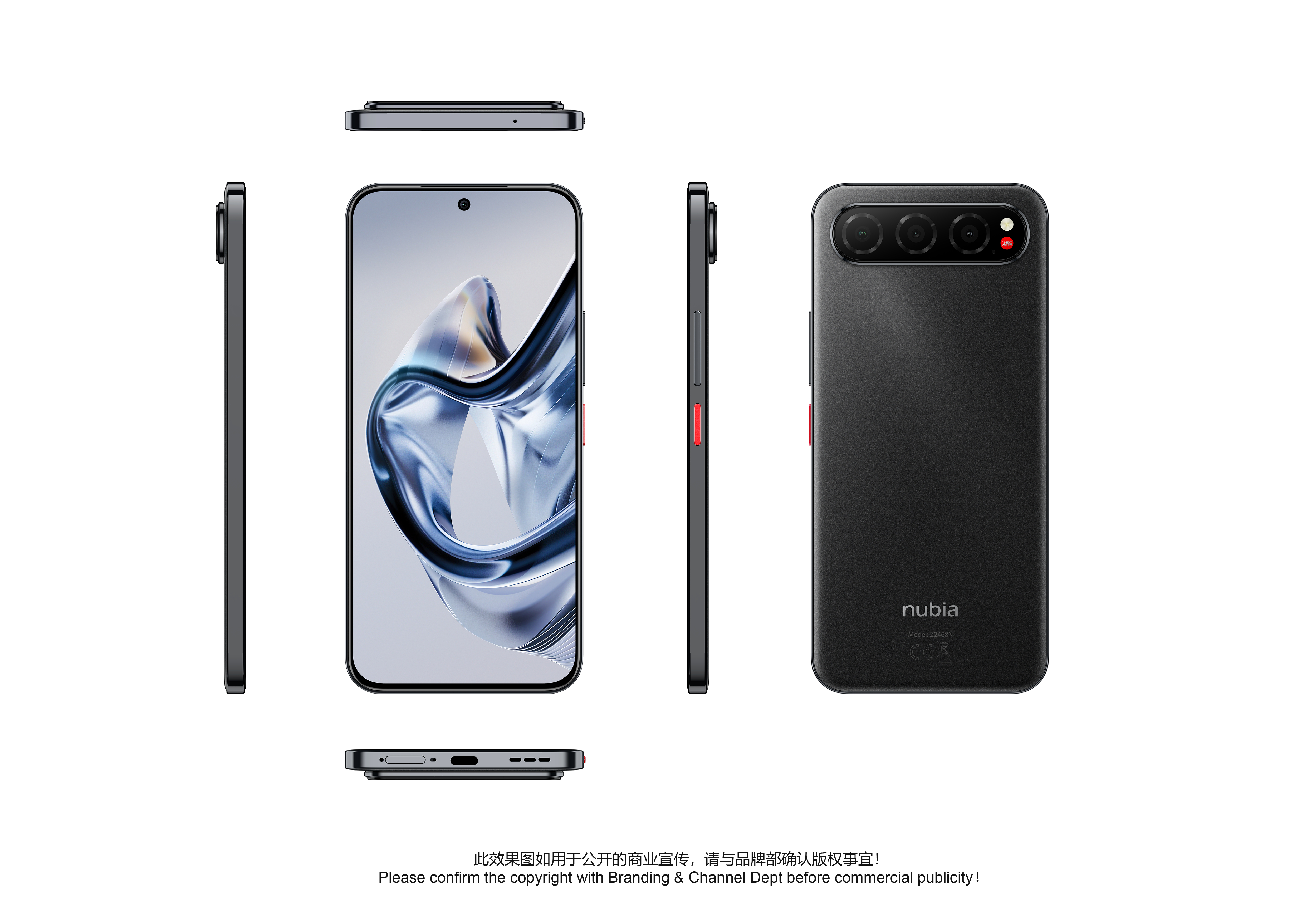 Ein schwarzes Smartphone wird aus verschiedenen Blickwinkeln gezeigt. Es hat einen Bildschirm, einen Kamerabuckel und rote Akzente.