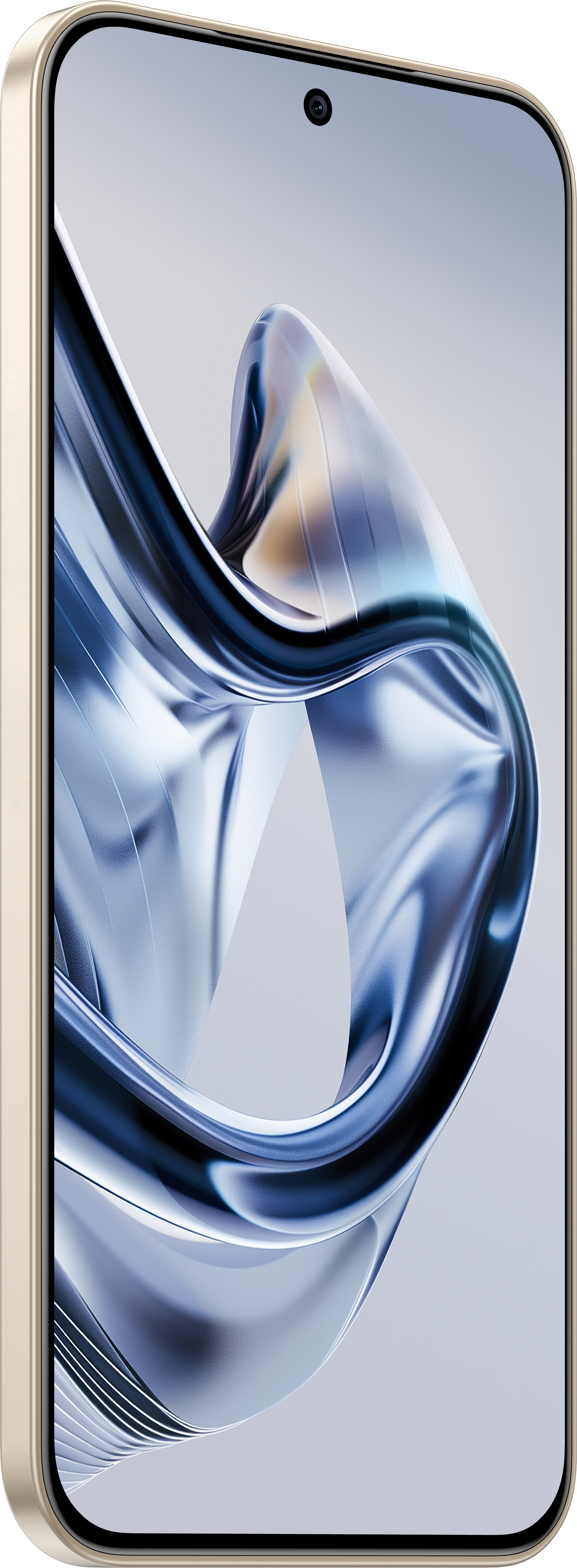 Smartphone-Bildschirm mit abstraktem blau-silbernem Wellendesign. Telefon hat goldenen Rahmen, Kamera und weißen Hintergrund.