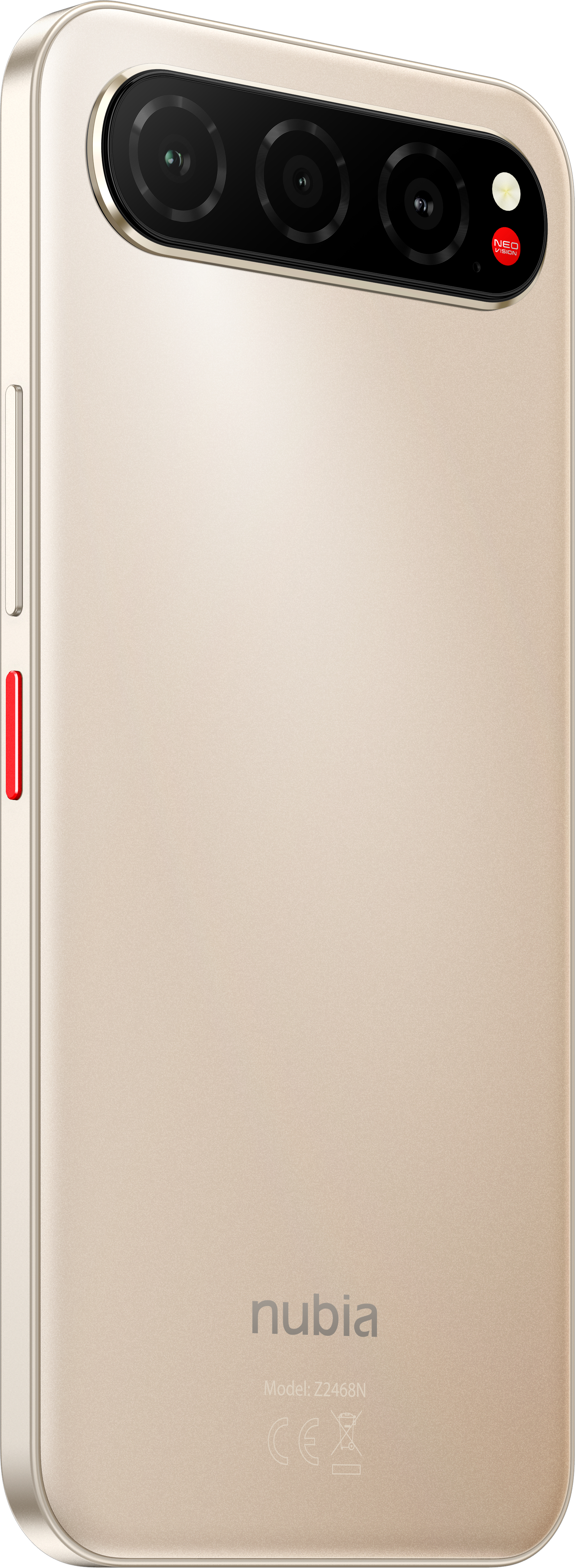 Goldene Smartphone-Rückseite. Drei Kameras oben, roter Akzent an der Seite. Nubia-Logo unten.