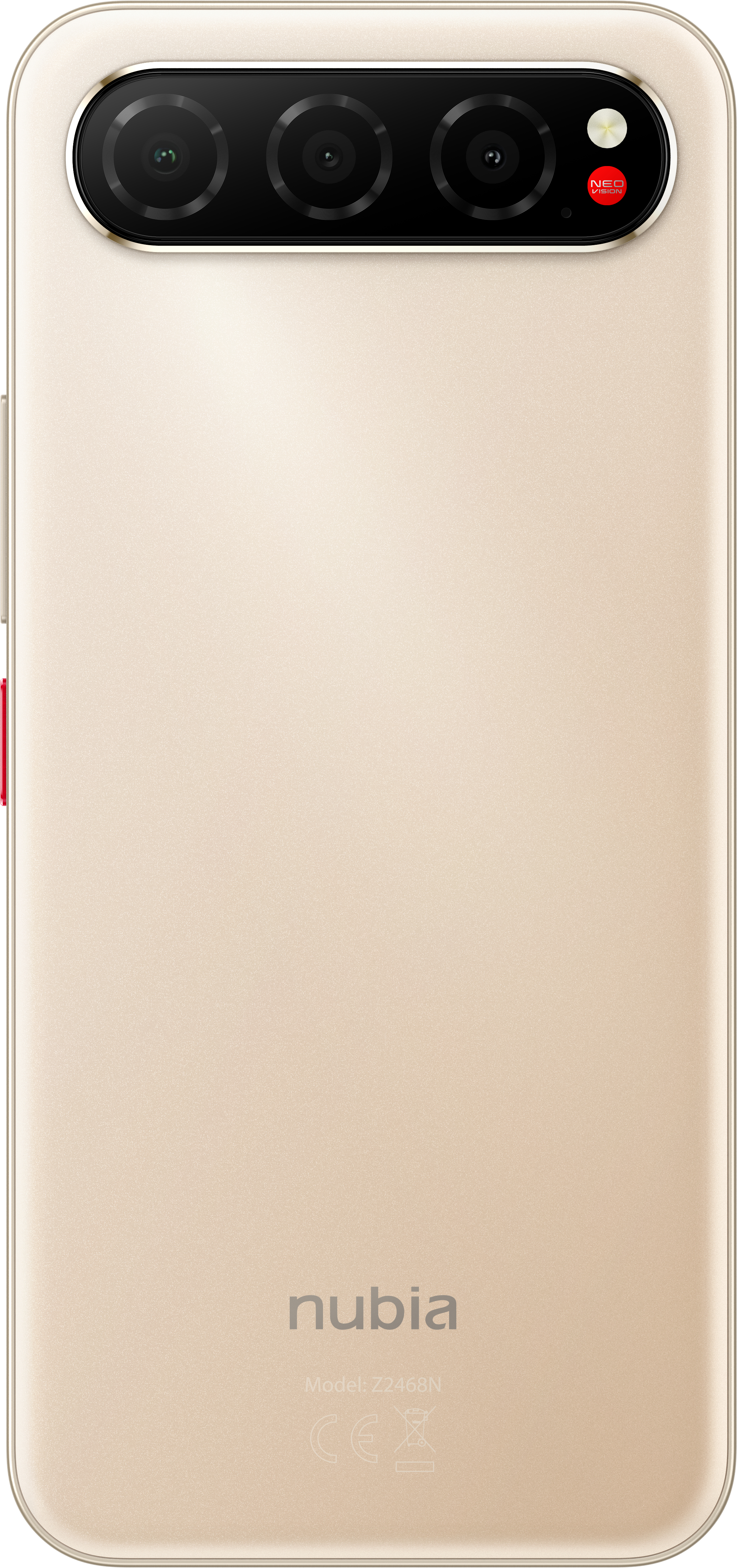 Goldenes Smartphone-Rückseite. Dreifach-Linsen-Kamera, Nubia-Logo und Modellinformationen. Roter Akzent links.
