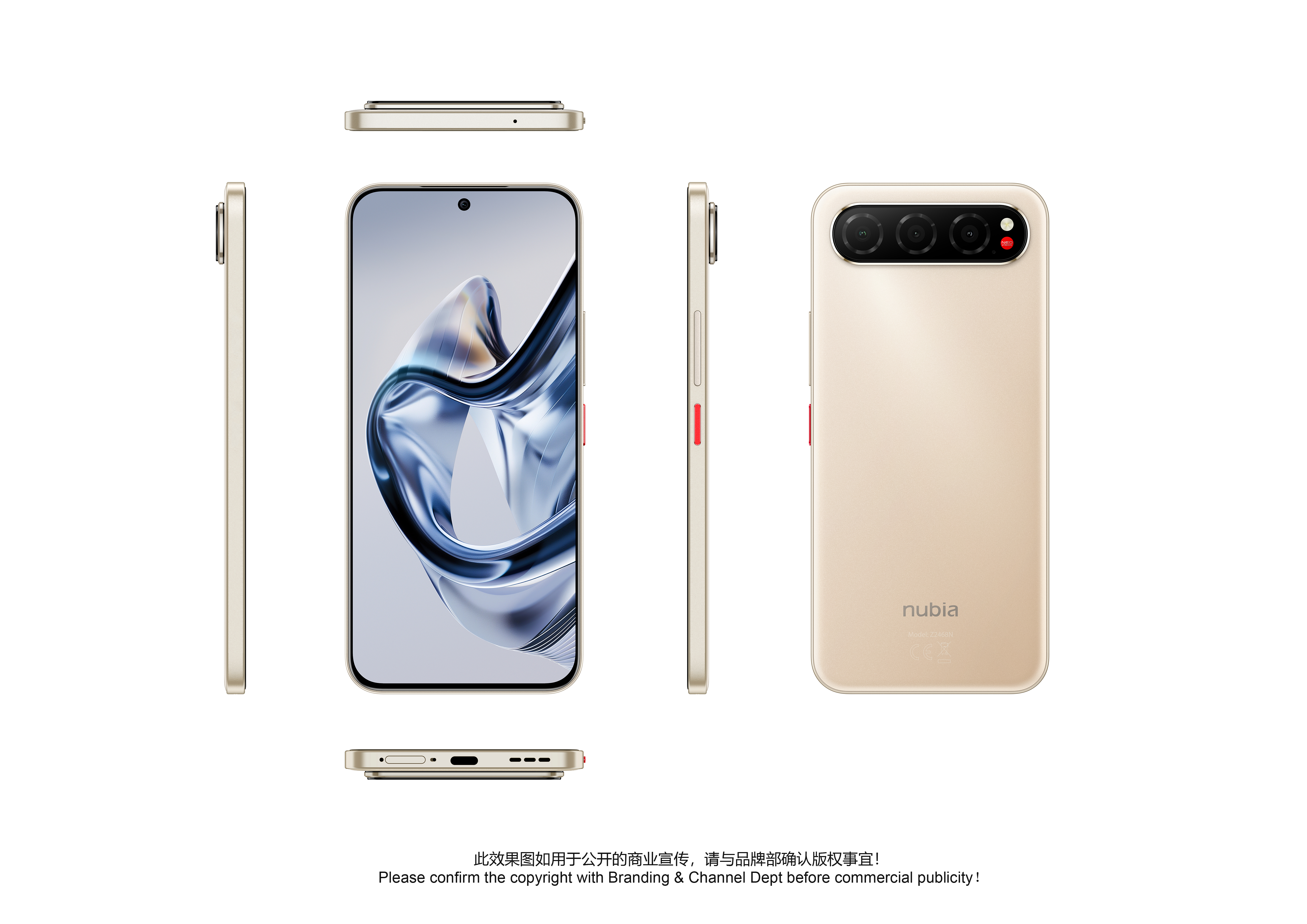 Goldenes Smartphone, Ansichten von Display, Seite, oben und unten. Rückseite mit Kameras. Roter Knopf. Nubia-Logo.