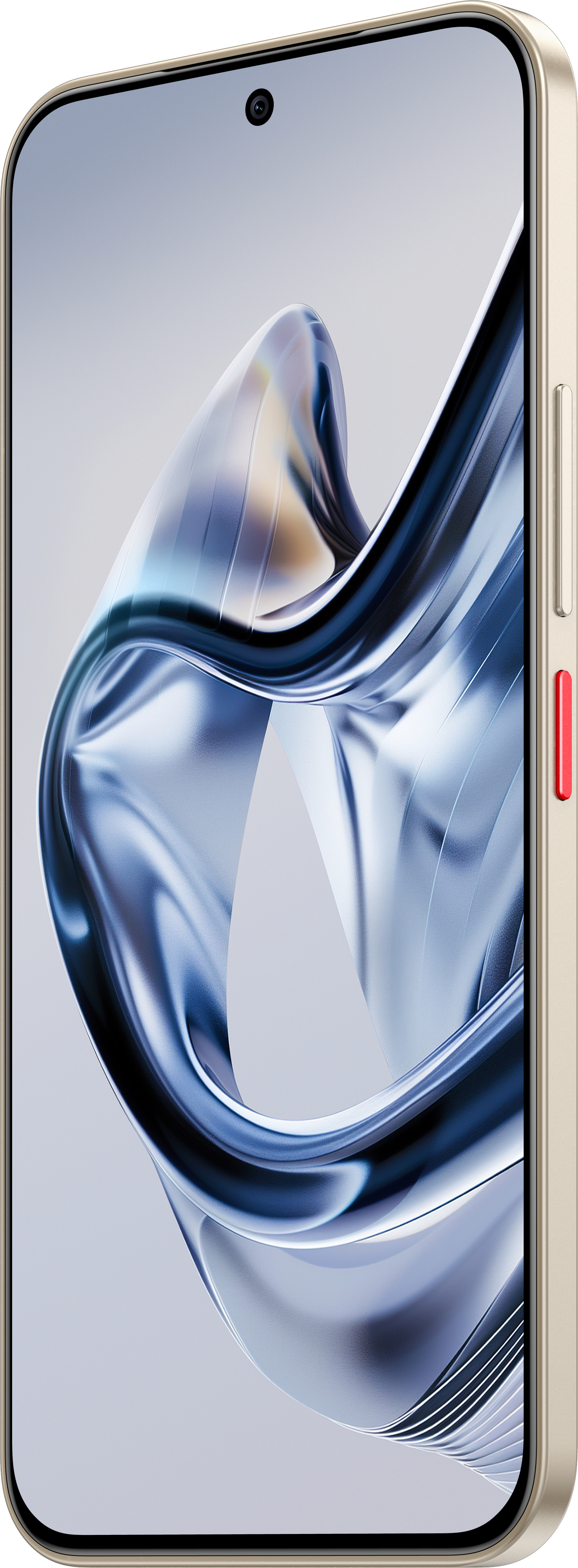 Goldenes Smartphone mit blauem abstraktem Design auf dem Bildschirm. Roter Knopf an der Seite.