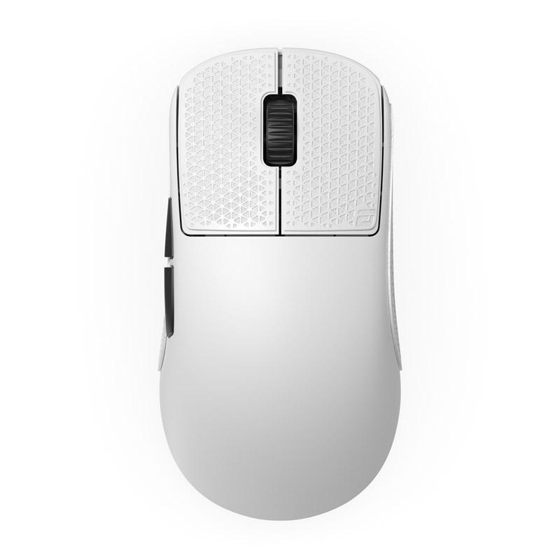 Eine weiße Computermaus mit gemusterter Oberseite und einem Scrollrad, von oben gesehen. Schwarze Seitentasten sind sichtbar.