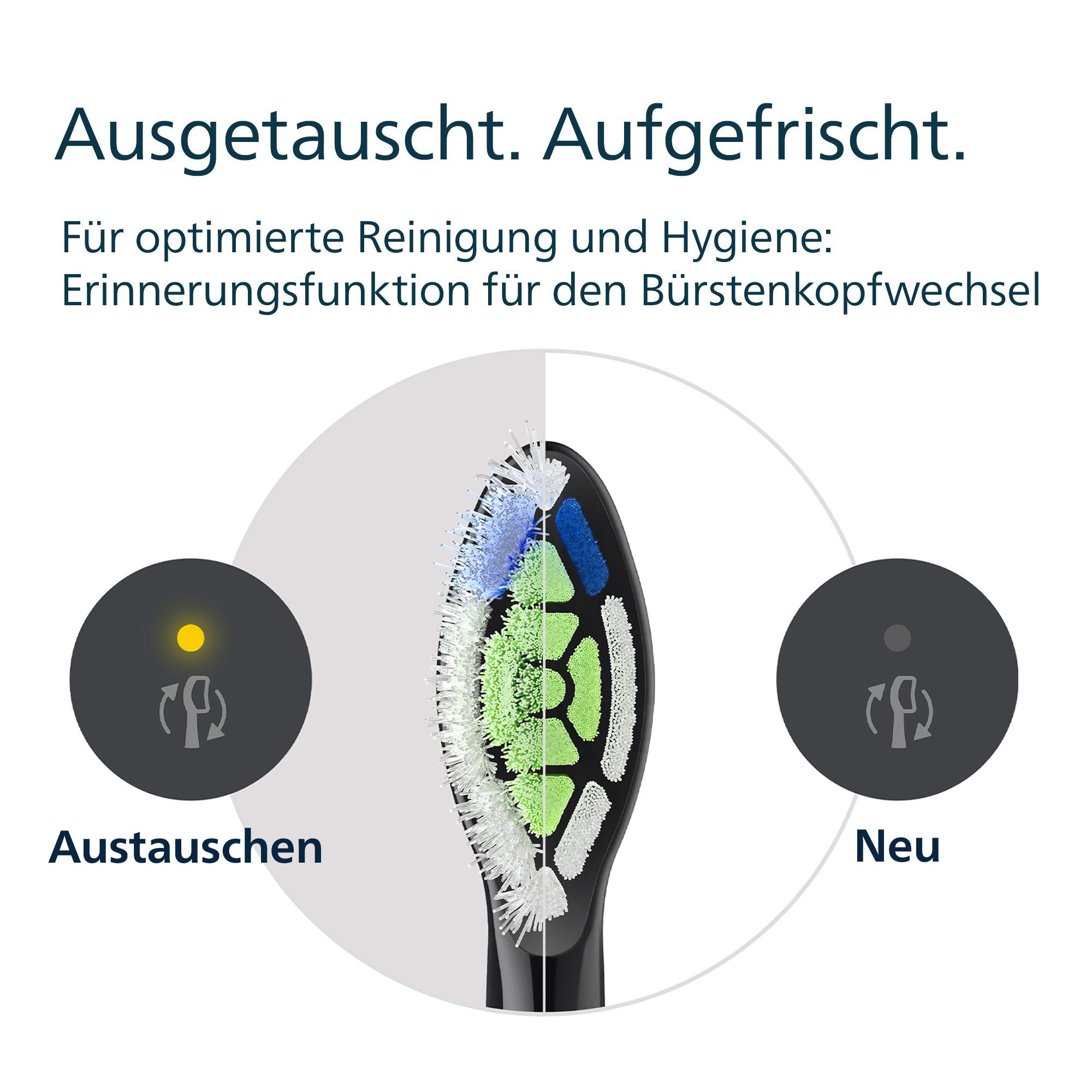 Das Bild zeigt einen Zahnbürstenkopf mit blauen, grünen und weißen Borsten sowie zwei Kreisen mit Text.