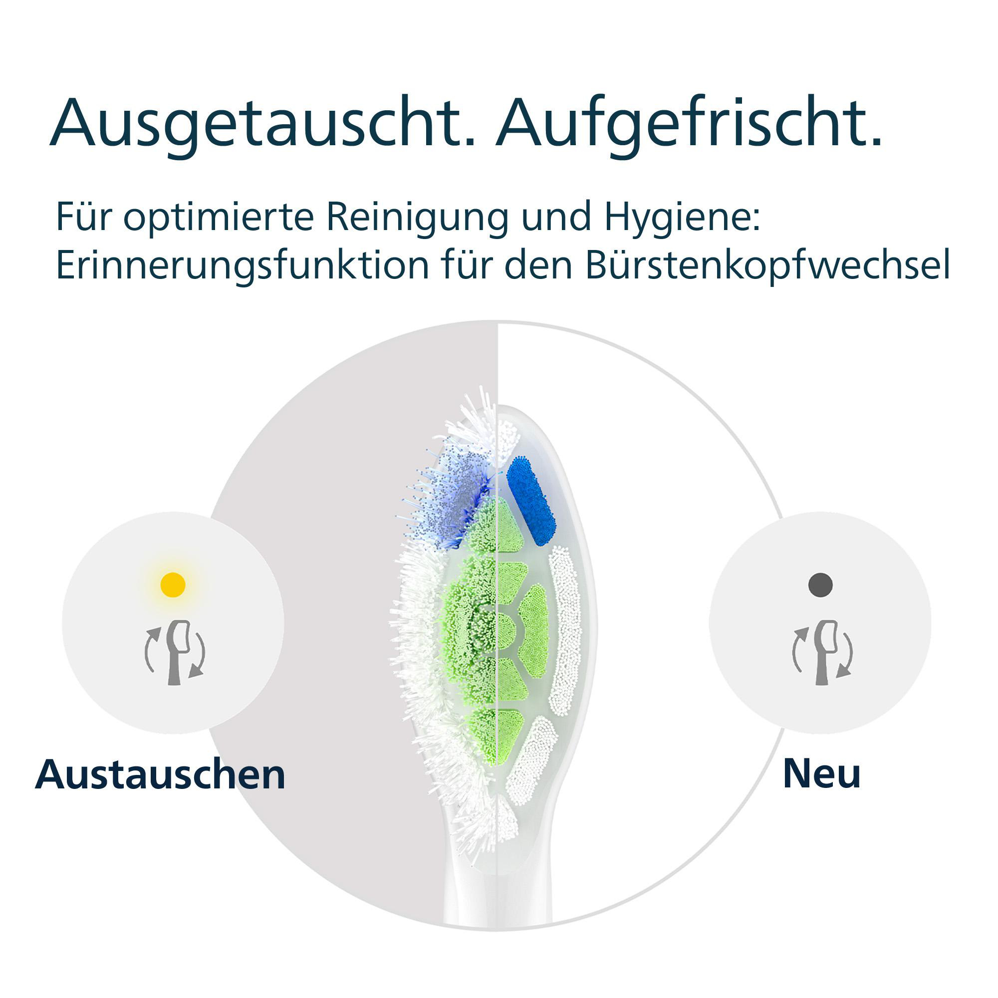 Das Bild zeigt einen Zahnbürstenkopf mit Text, der an einen Austausch erinnert. Zeigt Neu und Gebraucht nebeneinander.