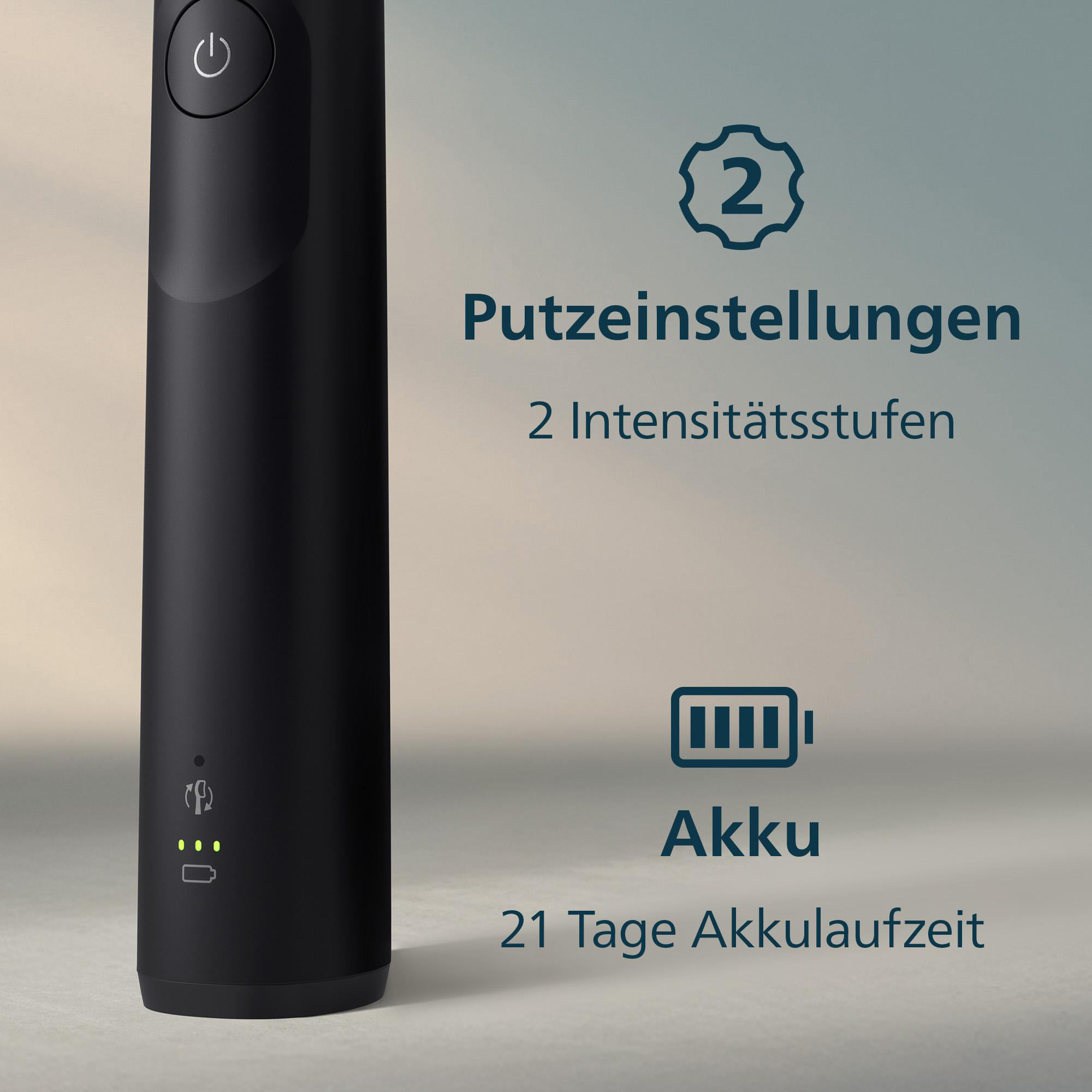 Schwarze elektrische Zahnbürste mit Ein-/Ausschalter und Akkuanzeige. Text umfasst Reinigungseinstellungen, Intensitätsstufen und Akkulaufzeit.