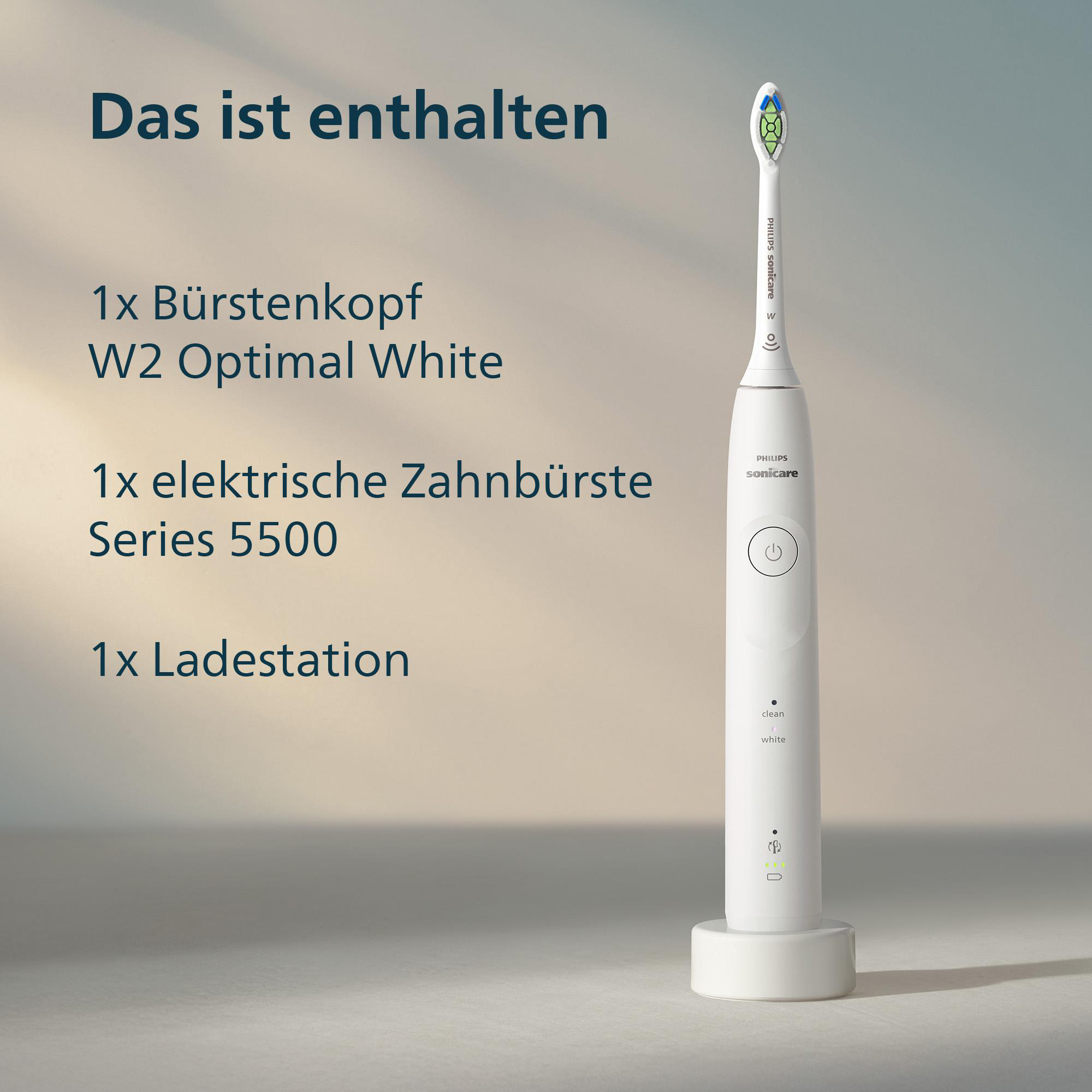 Eine weiße elektrische Zahnbürste auf einem Ständer. Text: Bürstenkopf, elektrische Zahnbürste und Ladestation.