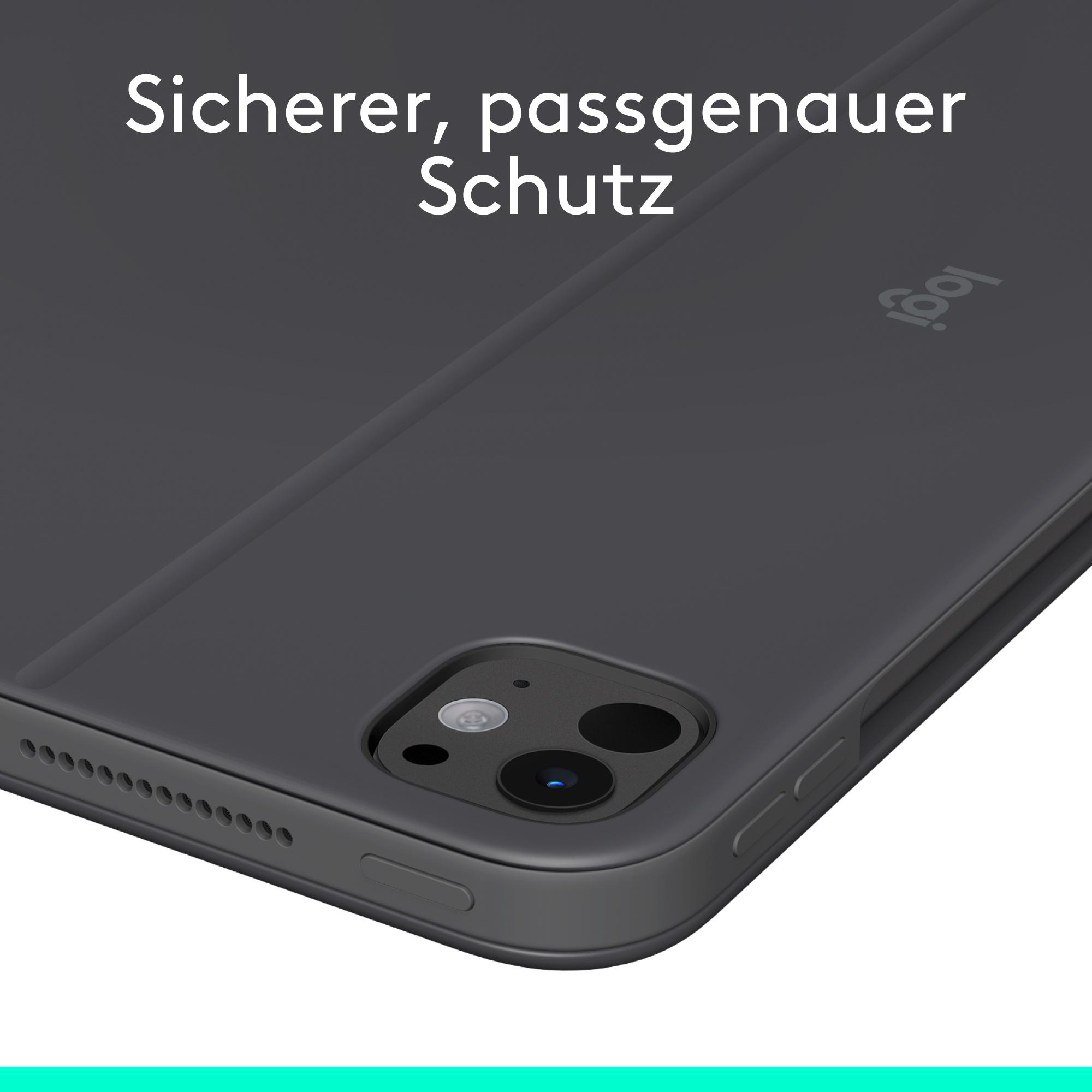 Nahaufnahme einer dunkelgrauen Tablet-Hülle mit Kamera- und Lautsprecherdetails. Text oben: 'Sicherer, passgenauer Schutz'.