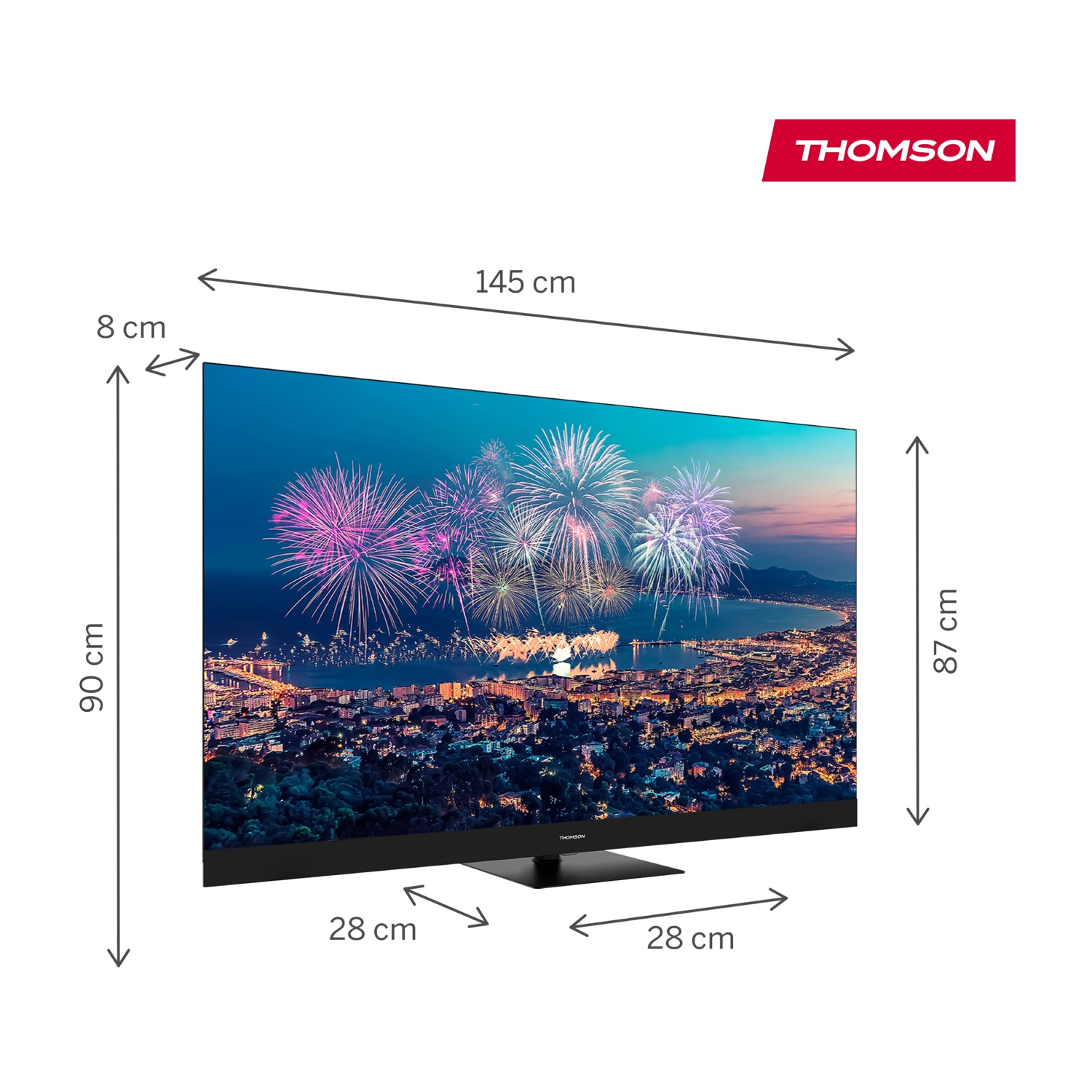 Un televisore Thomson mostra fuochi d'artificio su una città. Dimensioni: 145 cm di larghezza, 90 cm di altezza. Base di 28 cm.